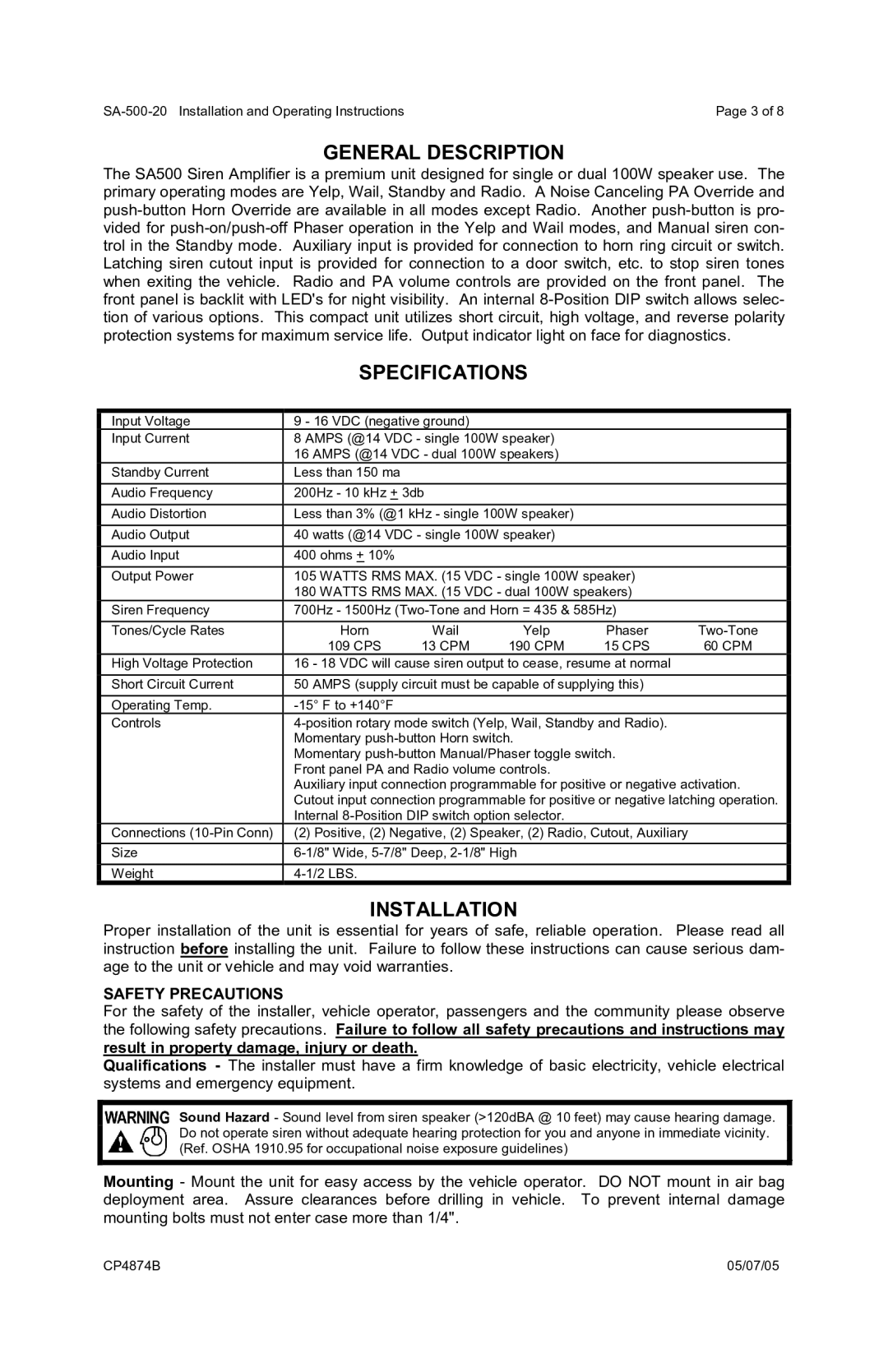 Carson SA-500-20 operating instructions General Description, Specifications, Installation, Safety Precautions 