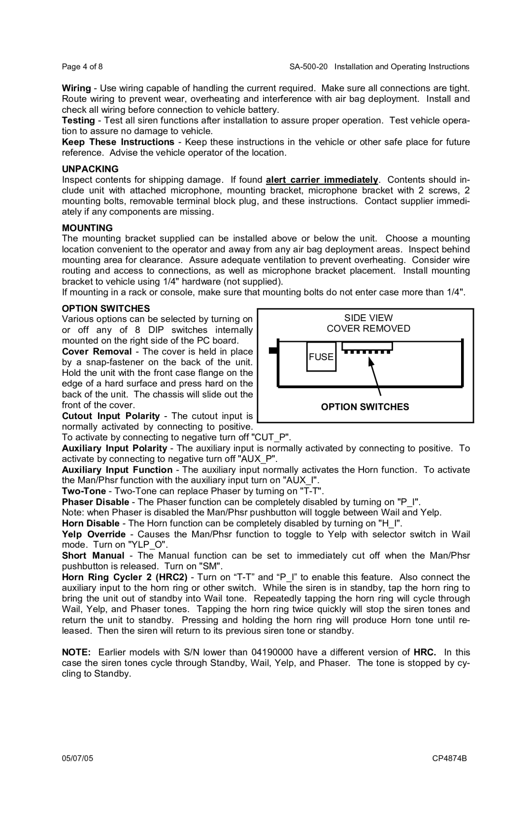 Carson SA-500-20 operating instructions Unpacking, Mounting, Option Switches, Cutout Input Polarity The cutout input is 