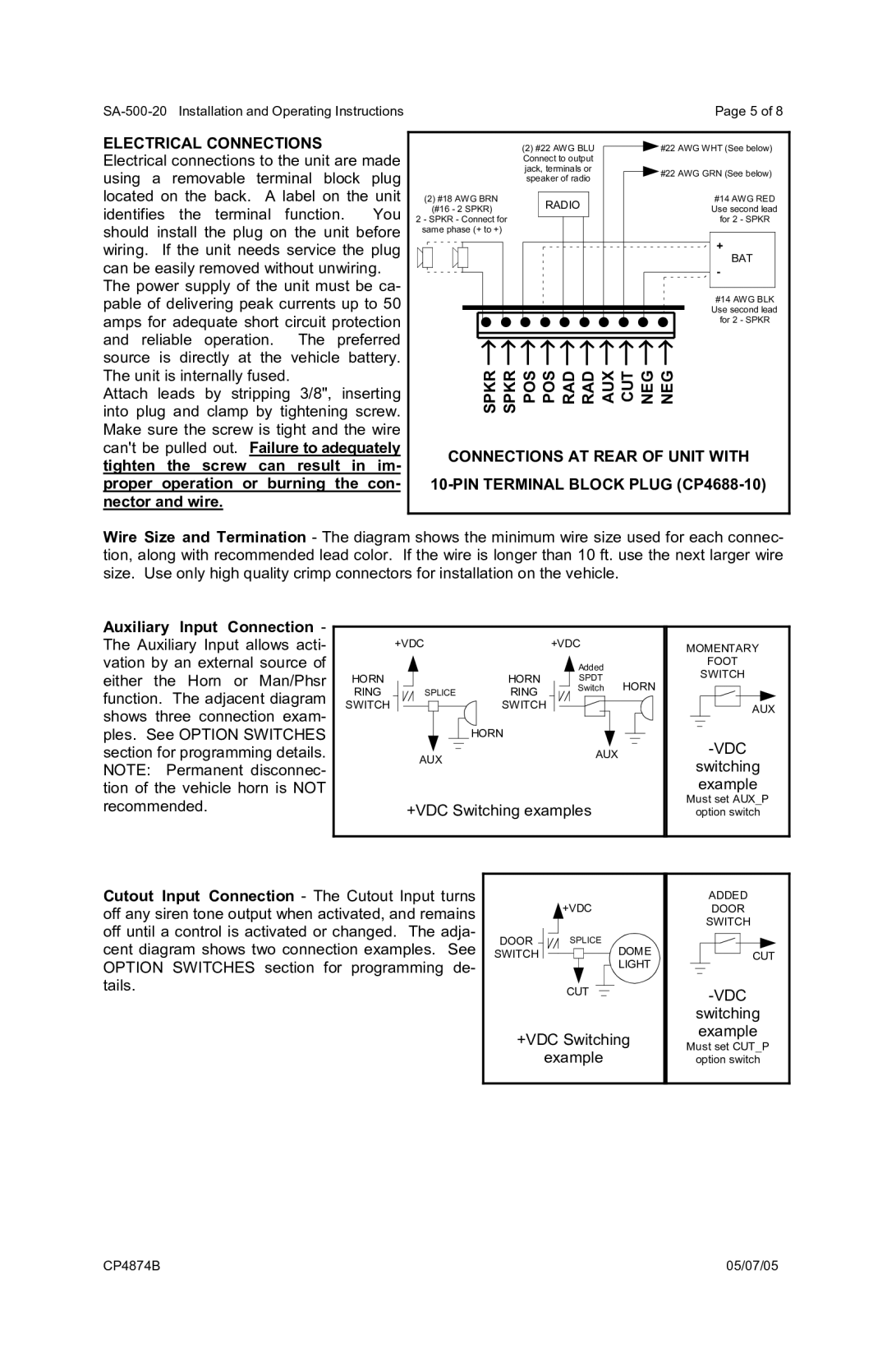 Carson SA-500-20 operating instructions Electrical Connections, Vdc 