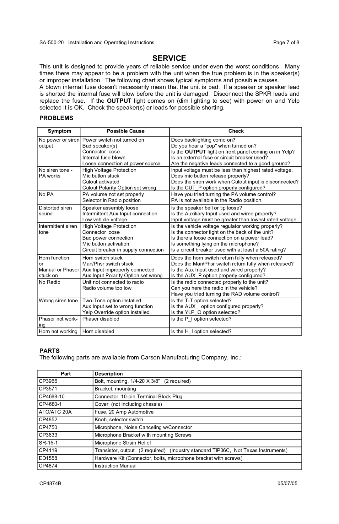 Carson SA-500-20 operating instructions Service, Problems, Parts 