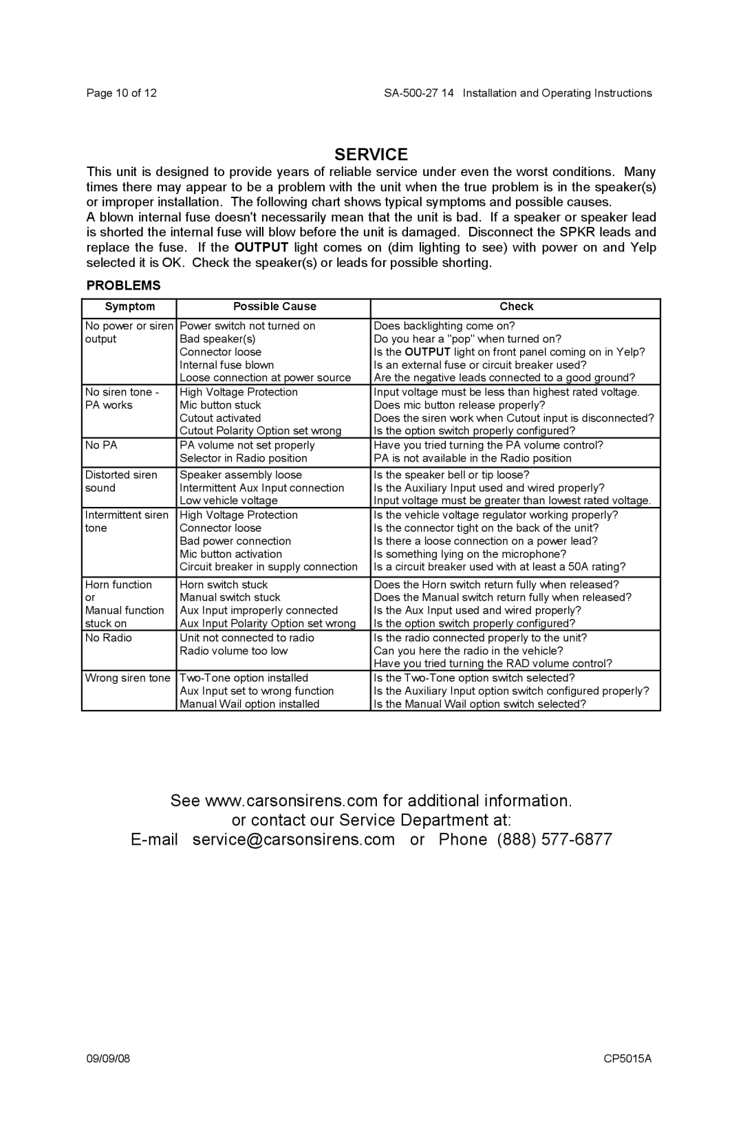 Carson SA-500-27 operating instructions Service, Problems 