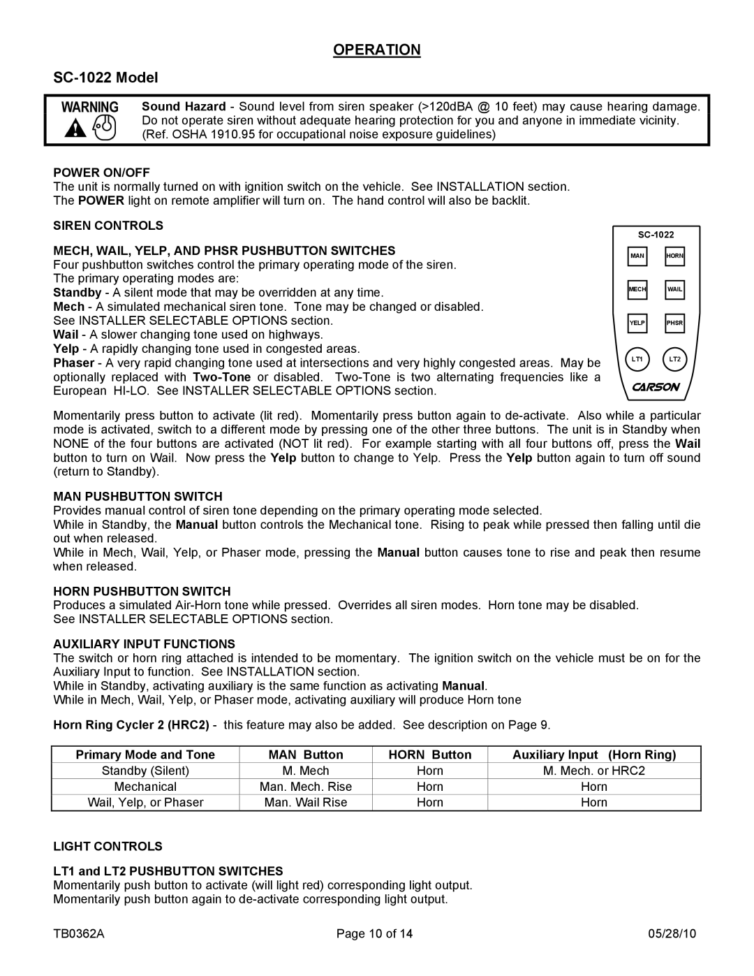 Carson 1012, SC-1002, 1022-10 14 V manual MAN Pushbutton Switch, Horn Pushbutton Switch, LT1 and LT2 Pushbutton Switches 