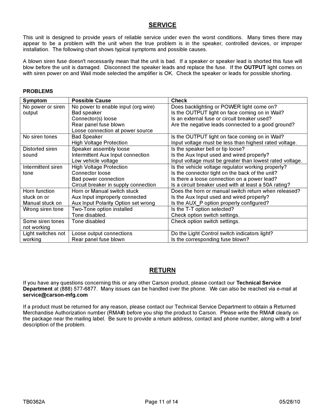 Carson 1022-10 14 V, SC-1002, 1012 manual Service, Return, Problems, Symptom Possible Cause Check 