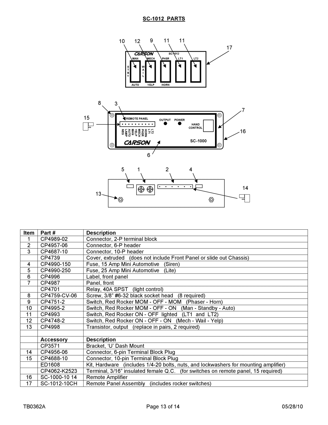 Carson SC-1002, 1022-10 14 V manual SC-1012 Parts, 10 12 9 11 