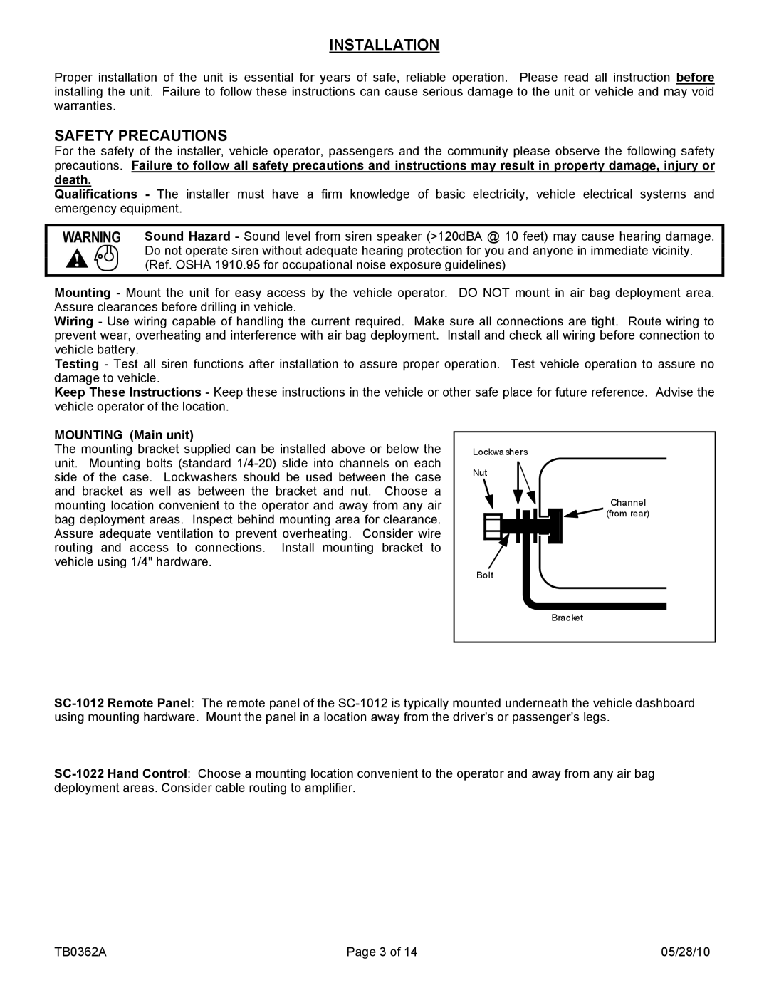 Carson SC-1002, 1012, 1022-10 14 V manual Installation, Safety Precautions, Mounting Main unit 