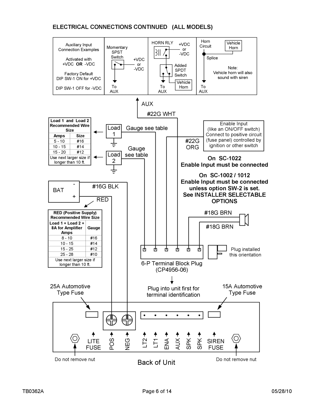 Carson SC-1002, 1012, 1022-10 14 V manual Electrical Connections ALL Models, Enable Input must be connected 