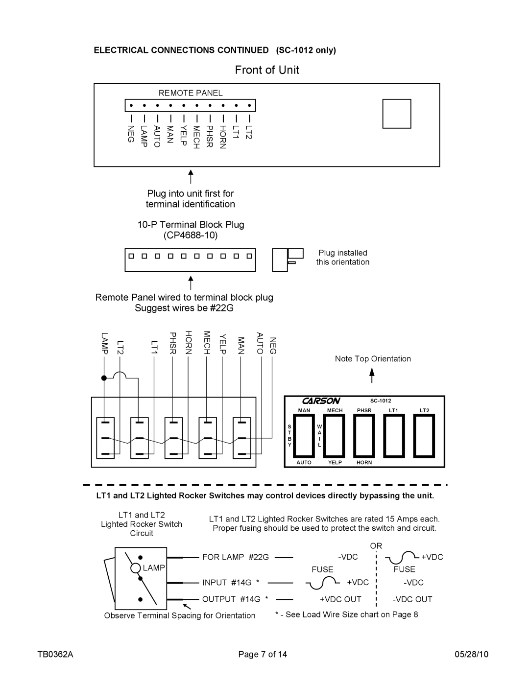 Carson SC-1002, 1022-10 14 V manual Front of Unit, Electrical Connections SC-1012 only 