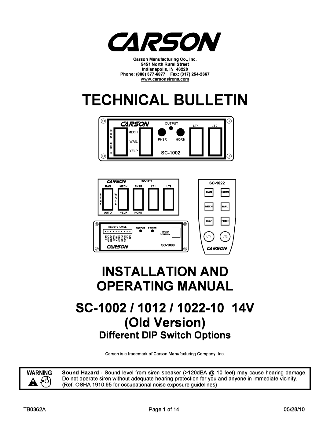 Carson 1022-10 14 V manual Technical Bulletin, INSTALLATION AND OPERATING MANUAL SC-1002 / 1012 / 1022-10, Old Version 