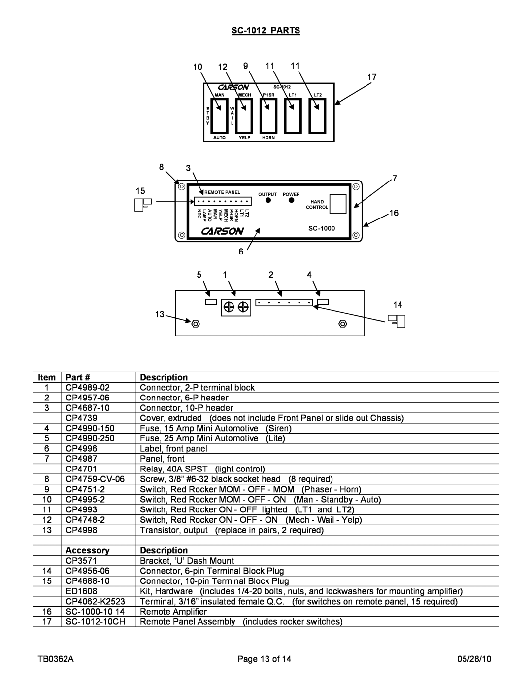 Carson SC-1002, 1022-10 14 V manual SC-1012 PARTS, Description, Accessory, SC-1000 