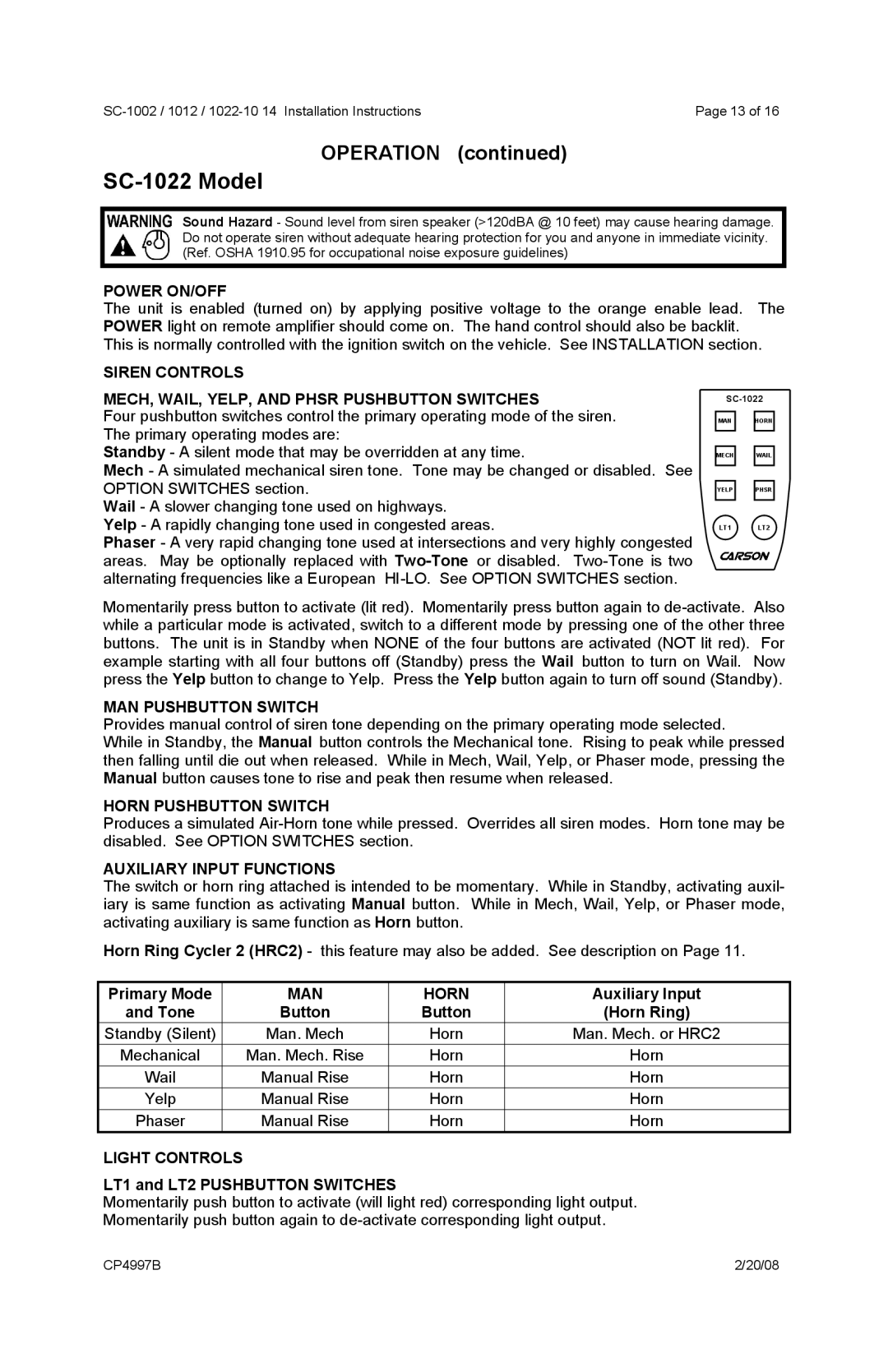 Carson 1012 MAN Pushbutton Switch, Horn Pushbutton Switch, Primary Mode, MAN Horn, LT1 and LT2 Pushbutton Switches 