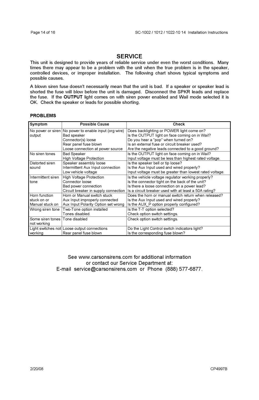 Carson 1022-10, SC-1002, 1012 operating instructions Service, Problems 