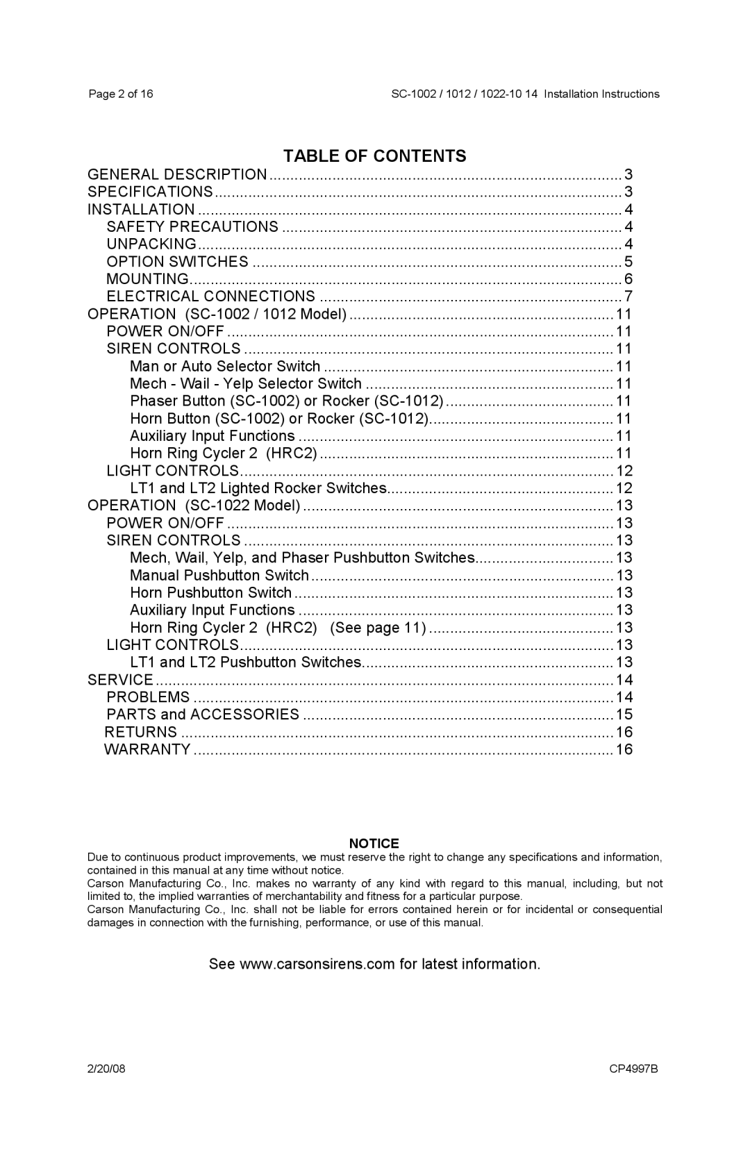 Carson 1022-10, SC-1002, 1012 operating instructions Table of Contents 