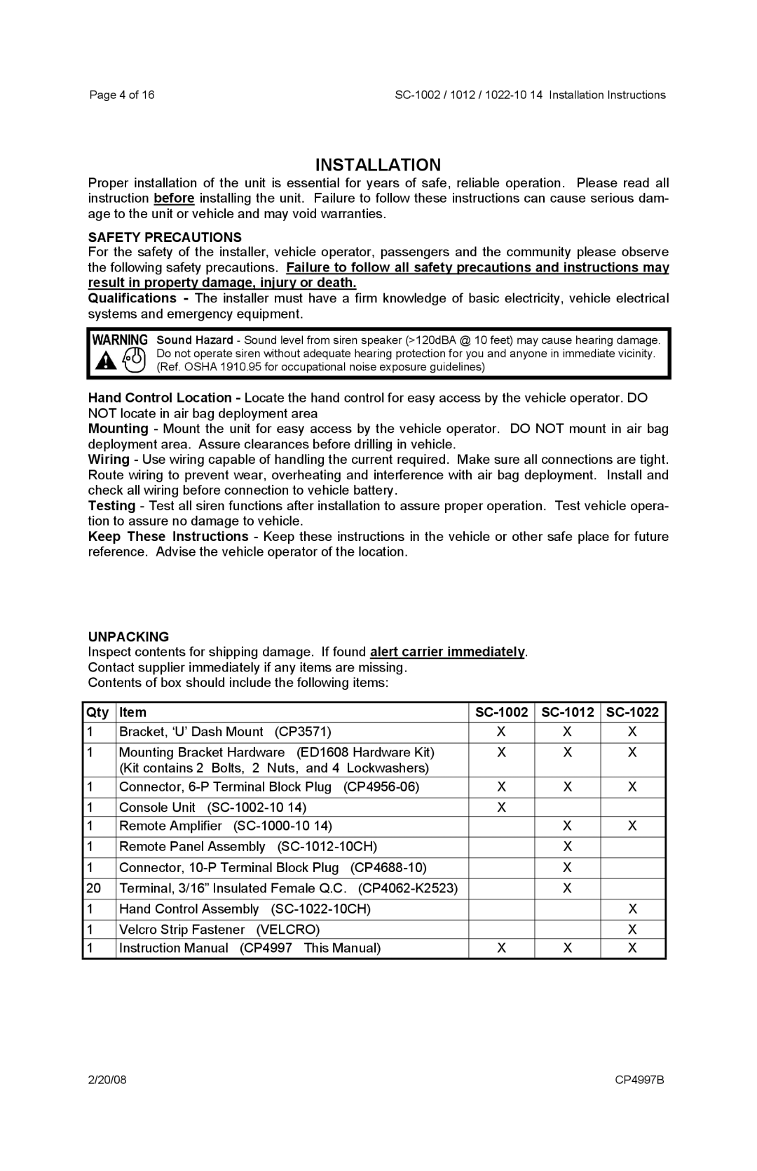 Carson 1022-10 operating instructions Installation, Safety Precautions, Unpacking, Qty SC-1002 SC-1012 SC-1022 