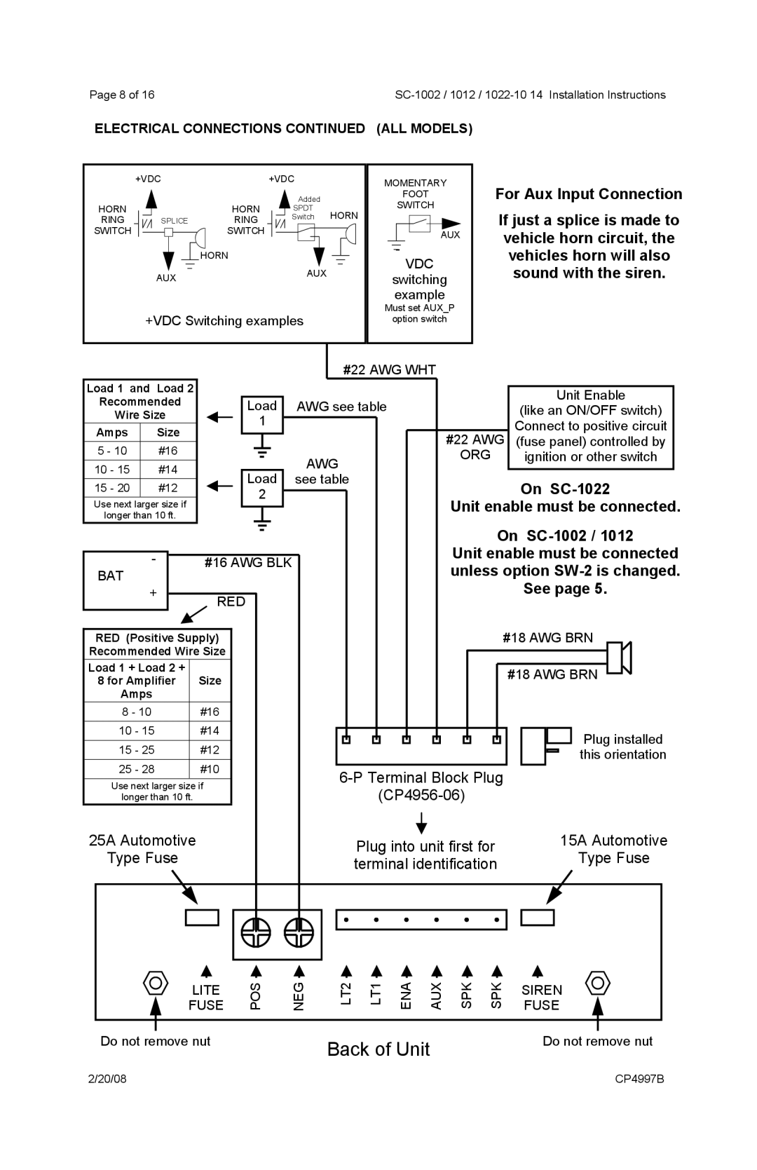 Carson 1022-10, SC-1002, 1012 operating instructions Sound with the siren, Electrical Connections ALL Models 