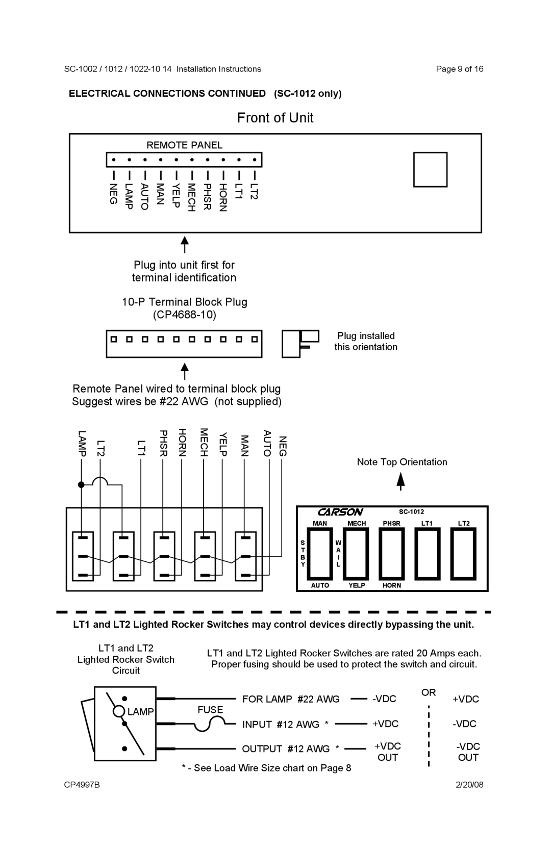 Carson SC-1002, 1022-10 operating instructions Electrical Connections SC-1012 only, Lamp LT2 LT1, MAN NEG Auto 