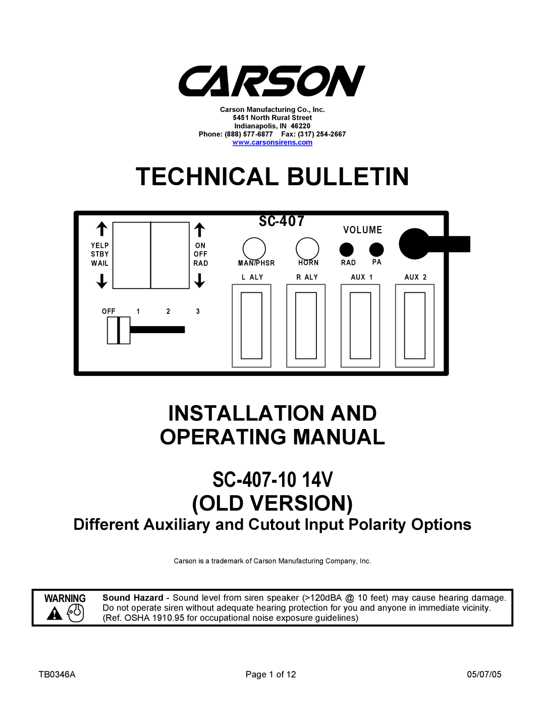 Carson SC-407-10 manual Technical Bulletin 