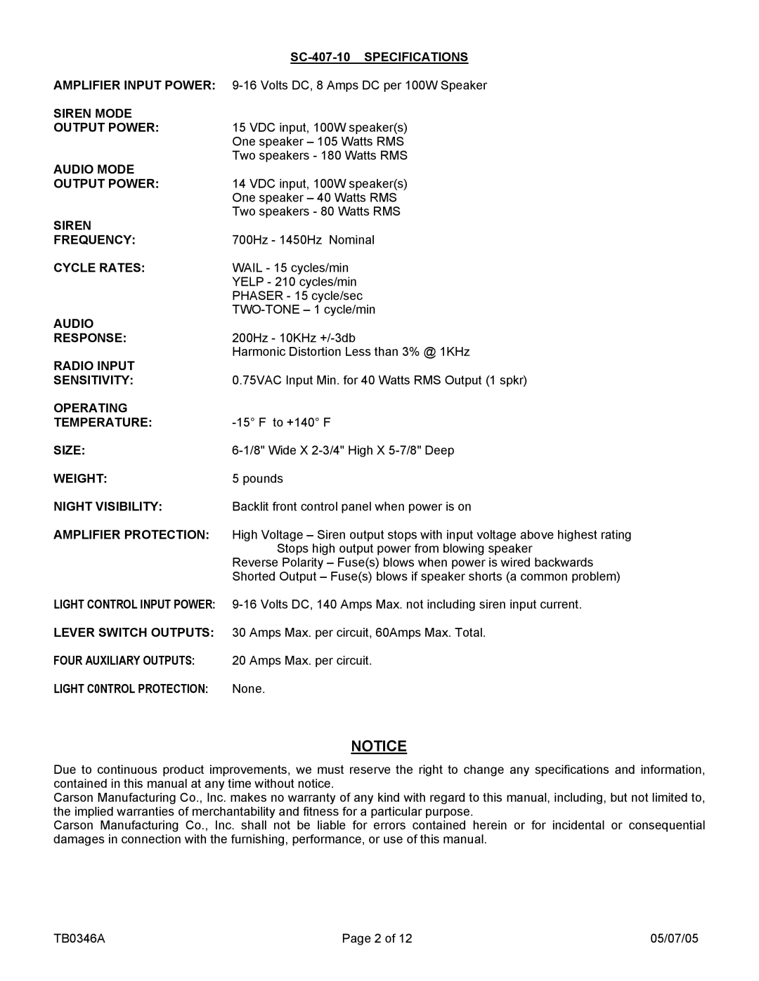 Carson SC-407-10 Specifications, Amplifier Input Power, Siren Mode Output Power, Audio Mode, Frequency, Cycle Rates 