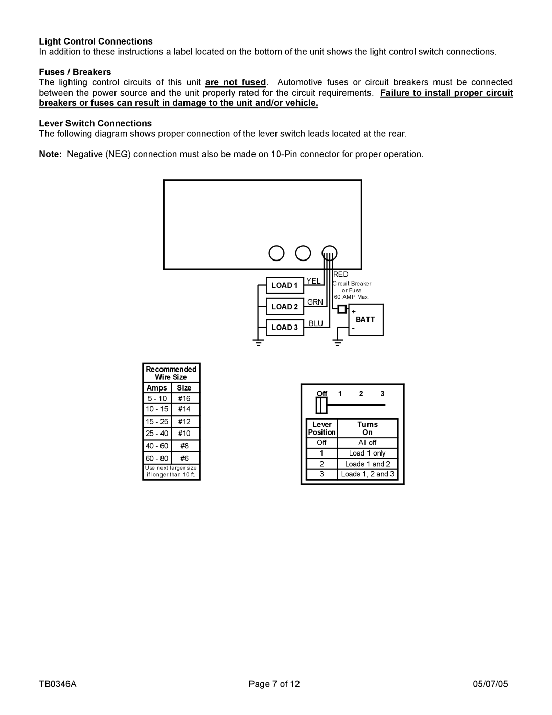 Carson SC-407-10 manual Light Control Connections, Fuses / Breakers, Lever Switch Connections 