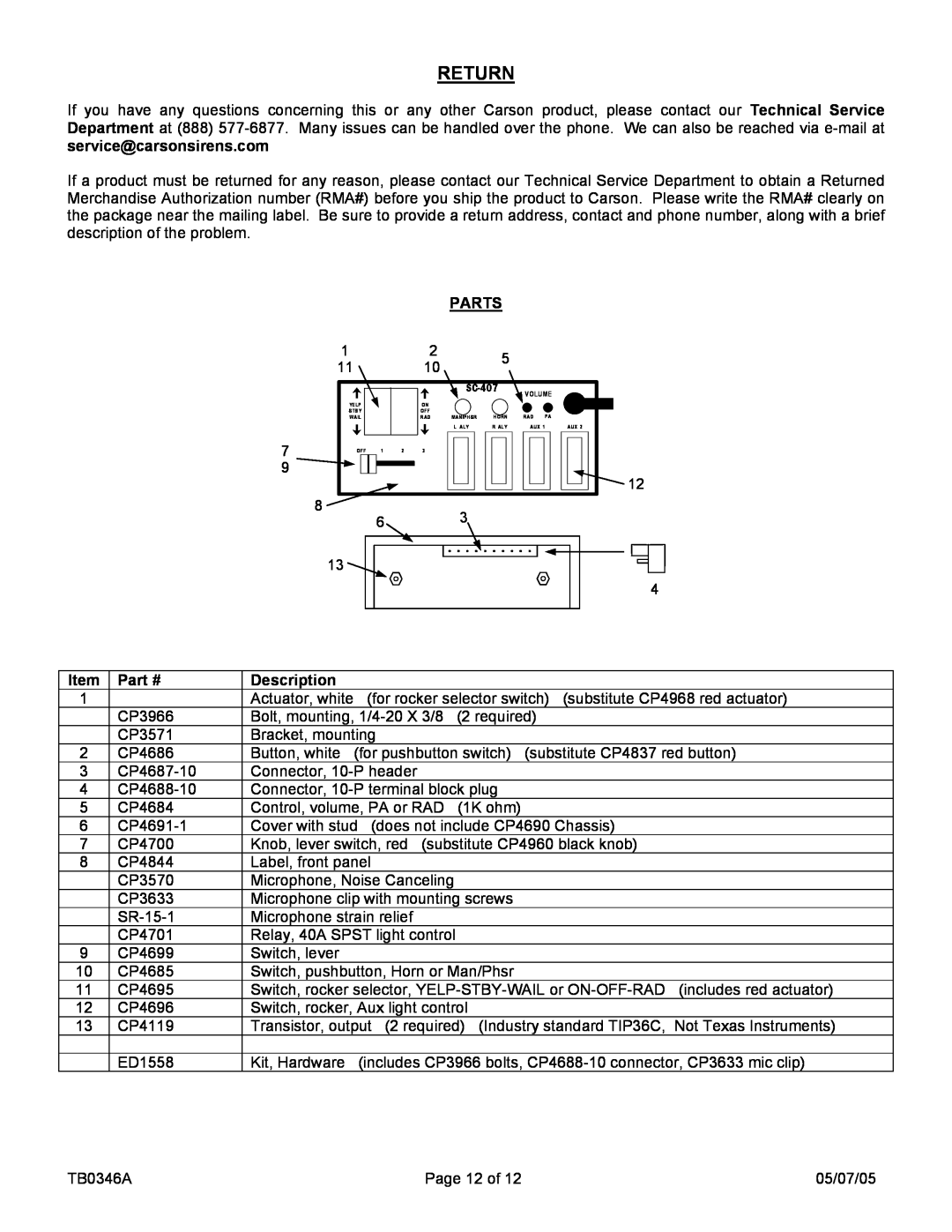 Carson SC-407-10 manual Return, Parts, Description 