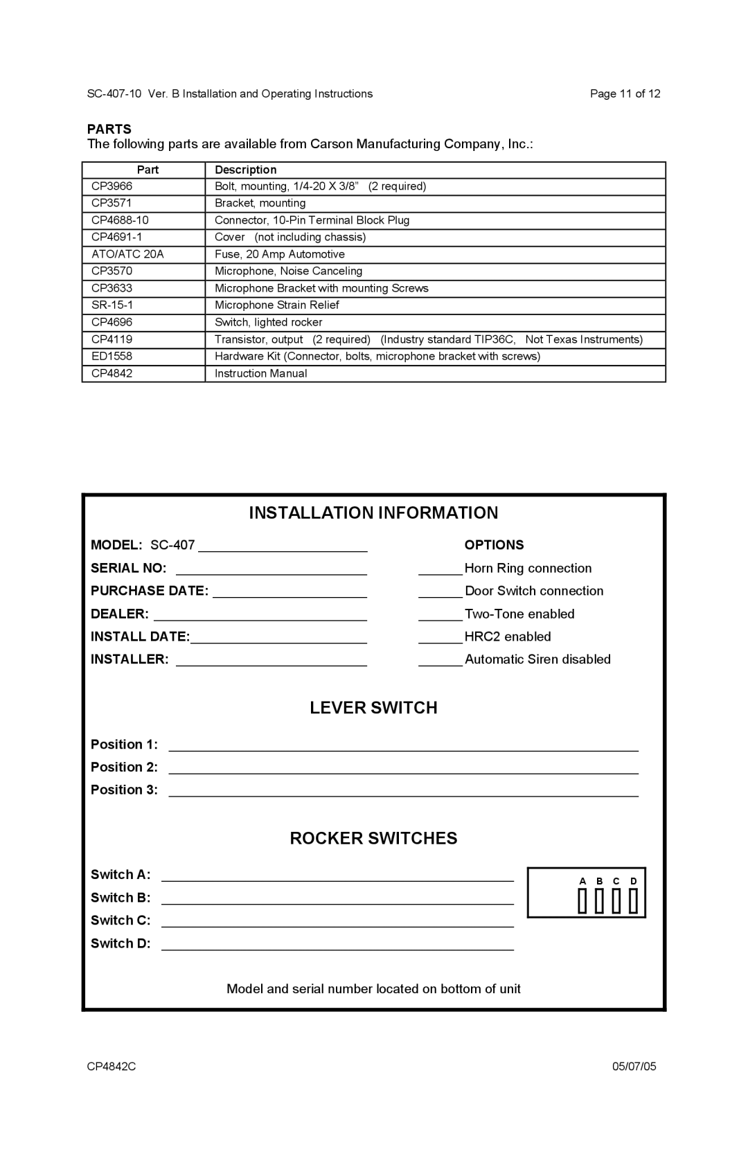 Carson SC-407 operating instructions Installation Information, Lever Switch, Rocker Switches, Parts, Options 