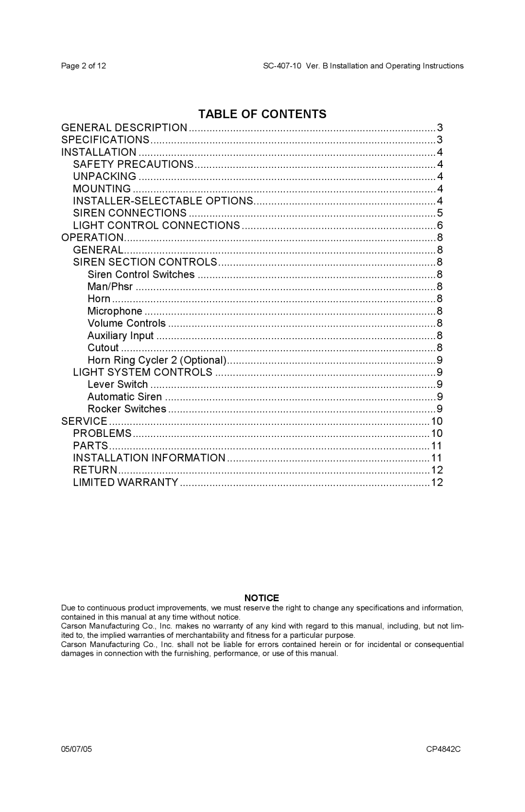 Carson SC-407 operating instructions Table of Contents 