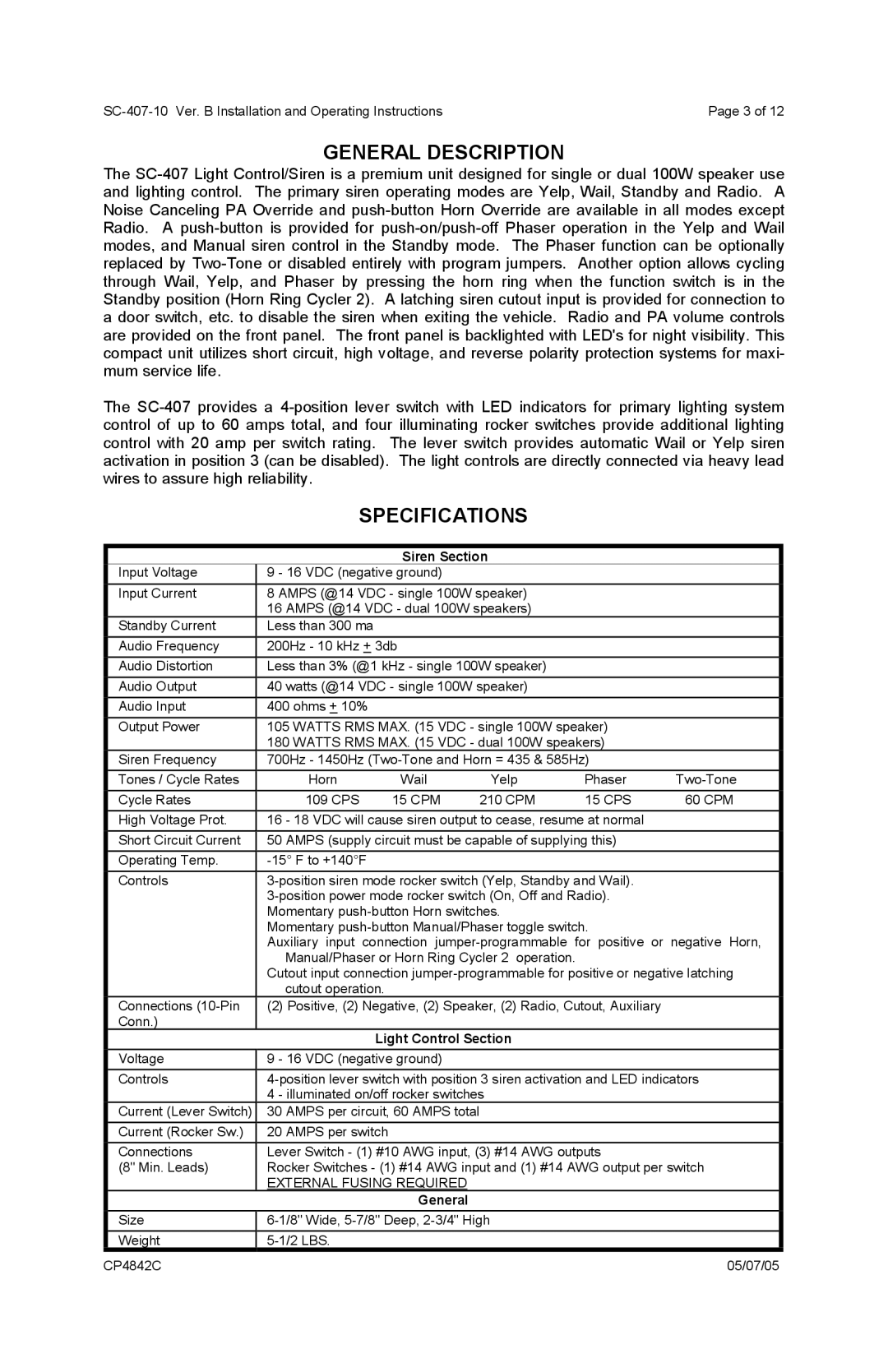 Carson SC-407 operating instructions General Description, Specifications, Siren Section, Light Control Section 