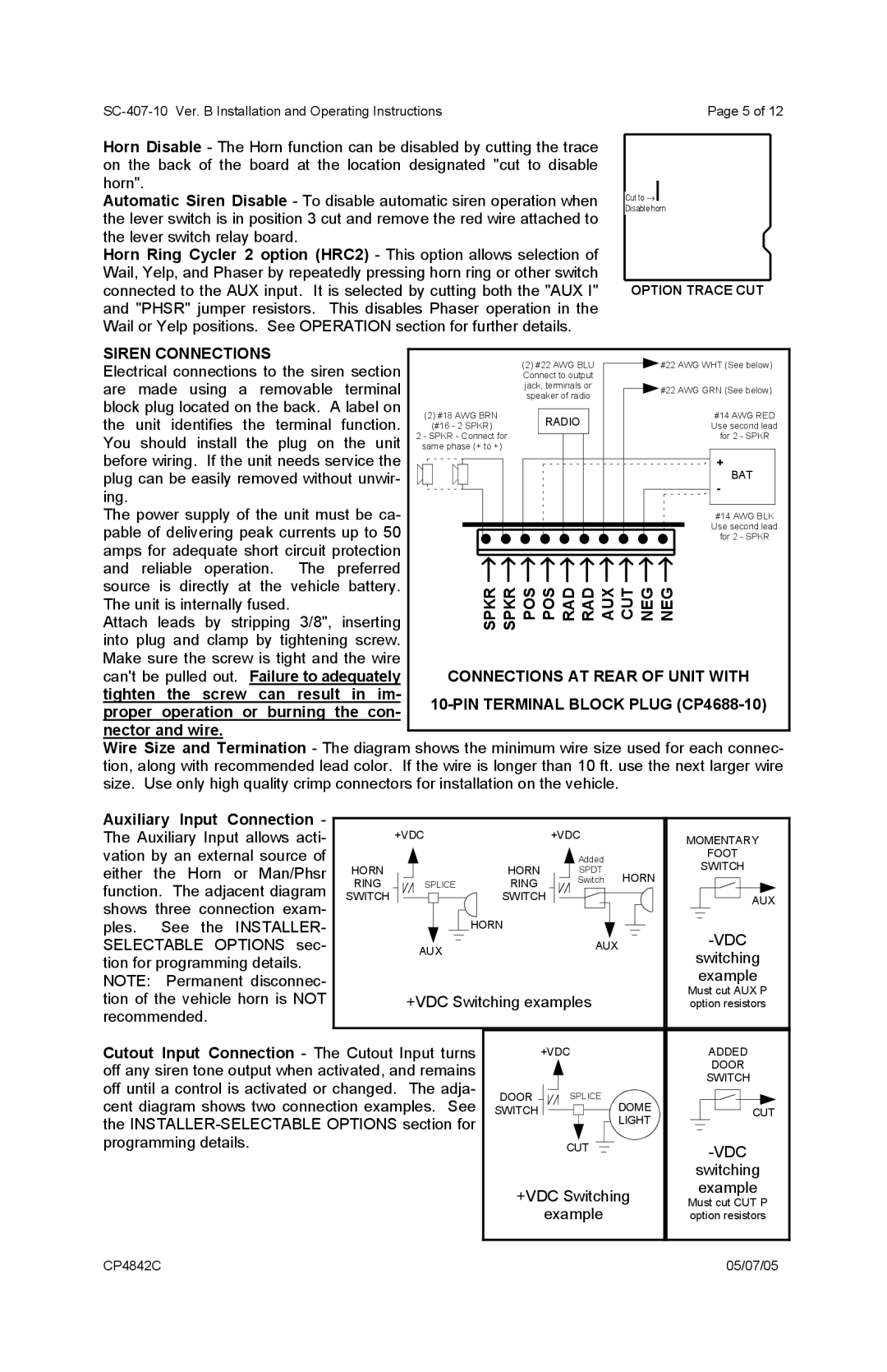 Carson SC-407 Siren Connections, Spkr Spkr POS POS RAD RAD AUX CUT NEG NEG, Connections AT Rear of Unit with 