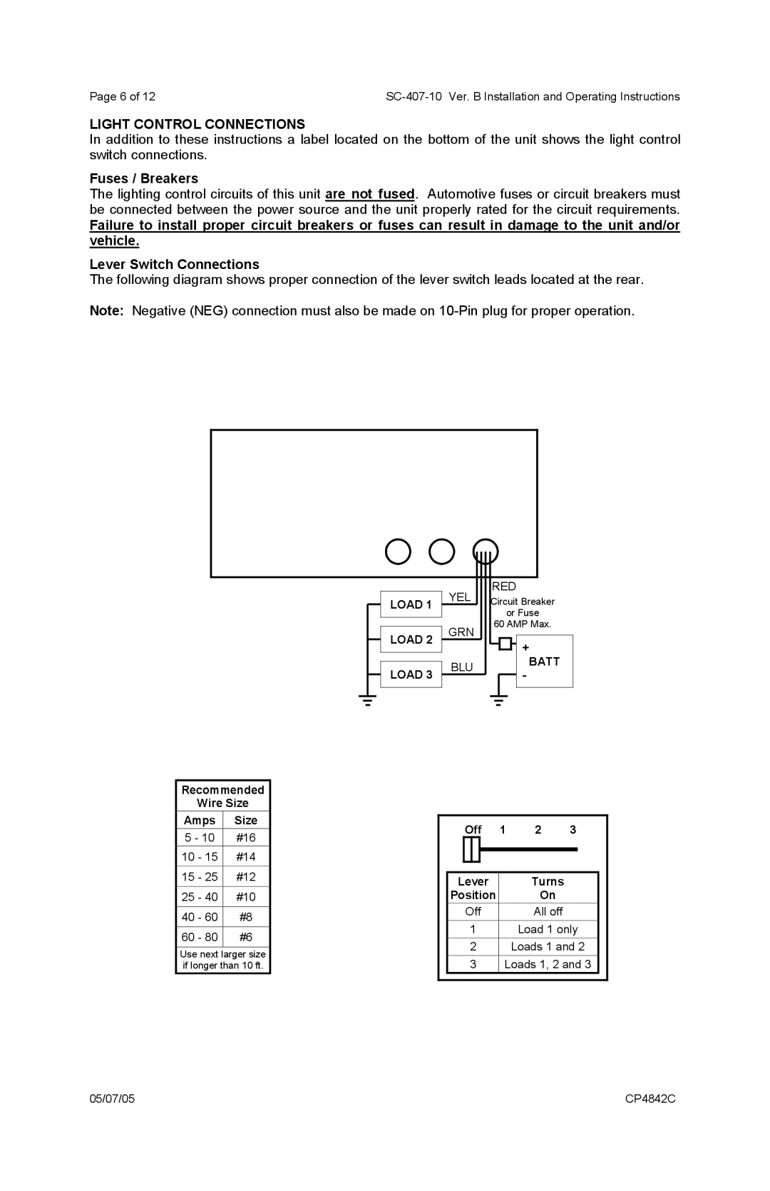 Carson SC-407 operating instructions Light Control Connections, Fuses / Breakers, Recommended Wire Size, Amps Size 