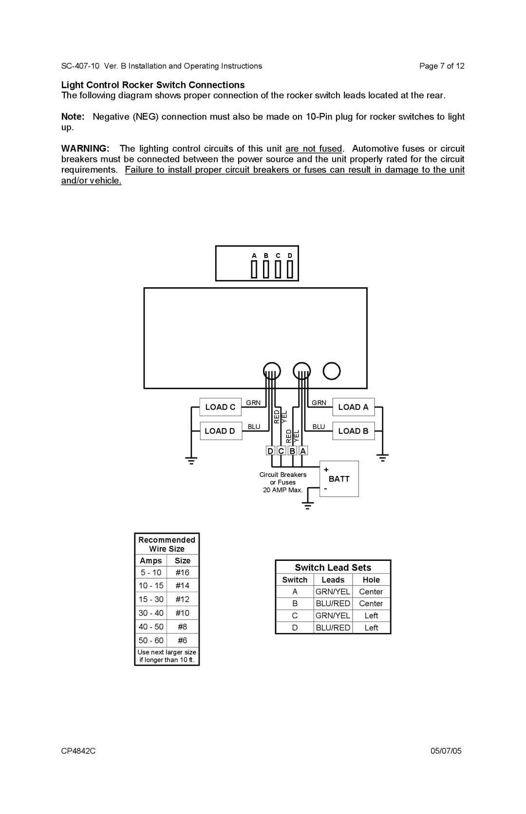 Carson SC-407 Light Control Rocker Switch Connections, Switch Lead Sets, Recommended Wire Size Amps Size 