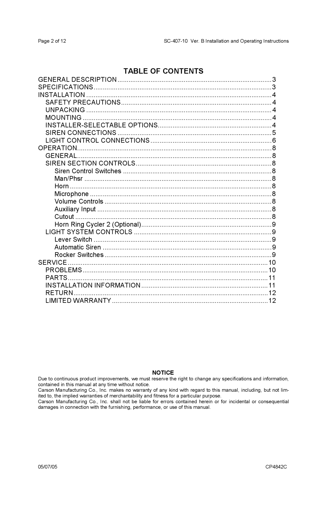 Carson SC-407 operating instructions Table Of Contents 