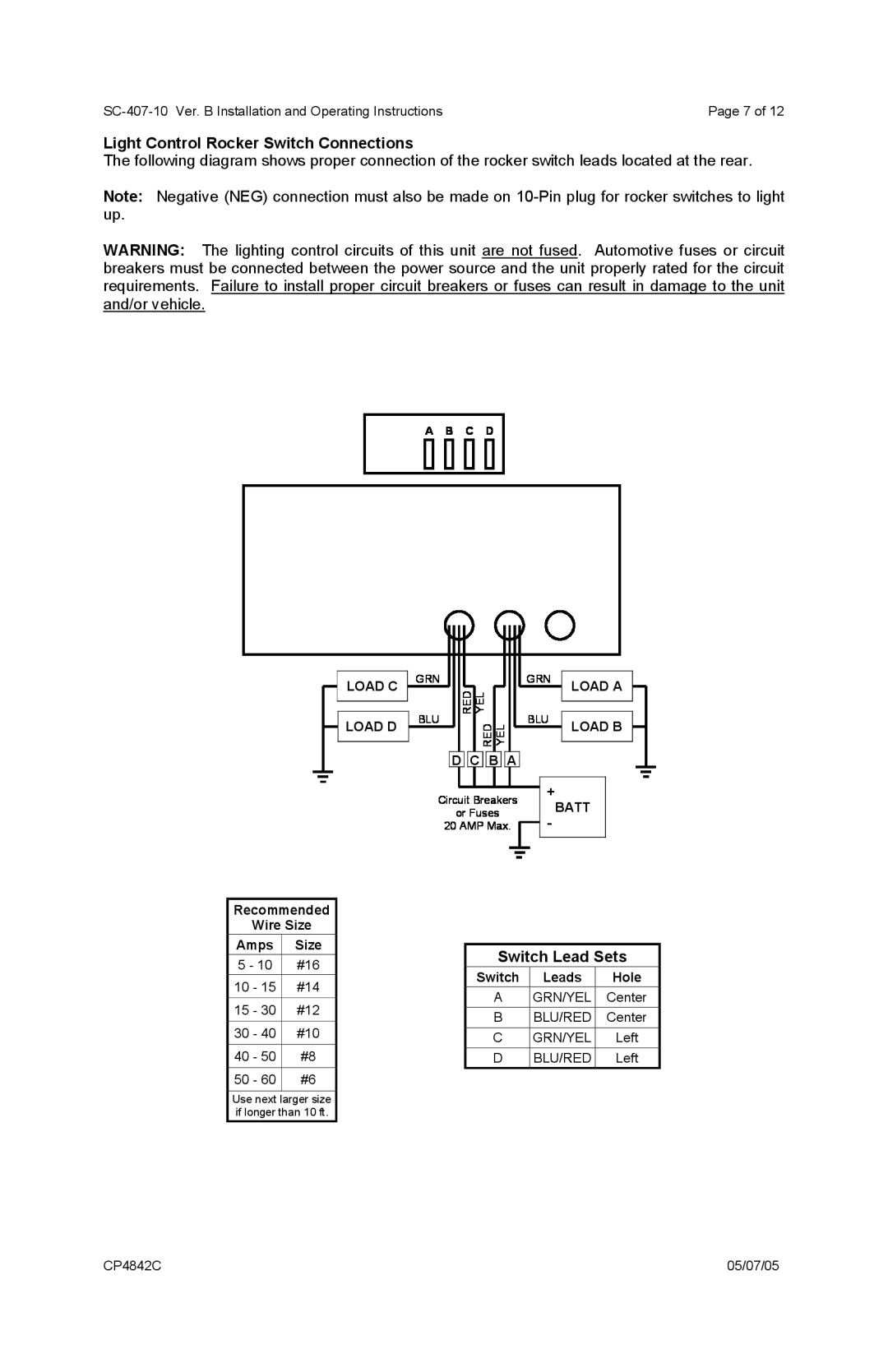 Carson SC-407 Light Control Rocker Switch Connections, Switch Lead Sets, Load C Load D, Load A, Load B, D C B A 