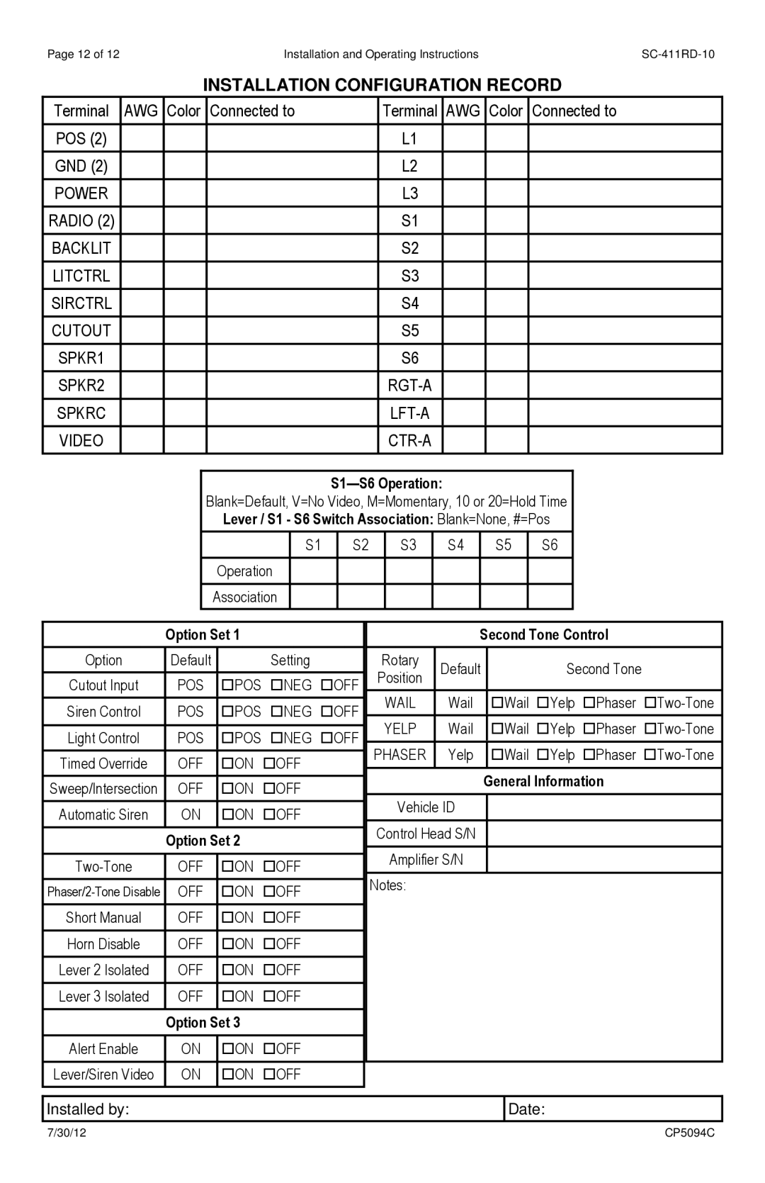 Carson SC-411-RD-1014 operating instructions Installation Configuration Record, Awg 