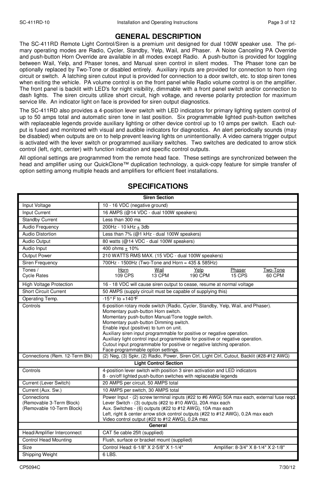 Carson SC-411-RD-1014 operating instructions General Description, Specifications, Siren Section, Light Control Section 