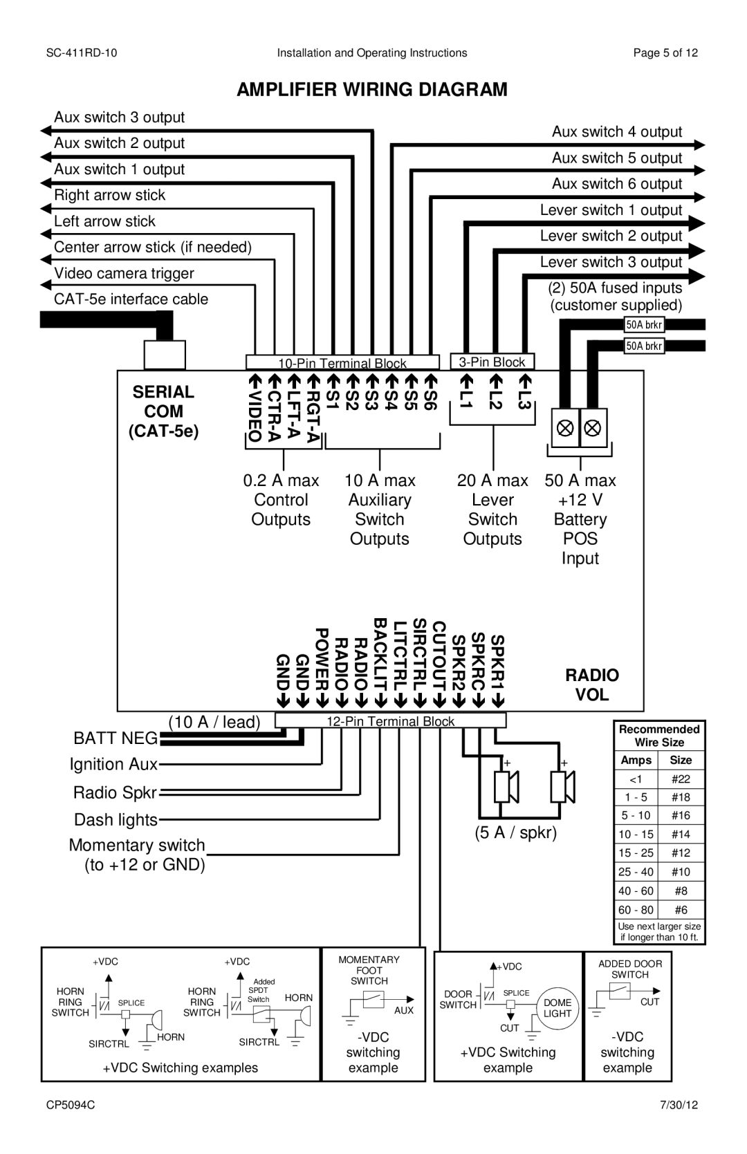 Carson SC-411-RD-1014 operating instructions Serial, Com, S6 S5 S4 S3 S2 S1, Recommended Wire Size Amps 