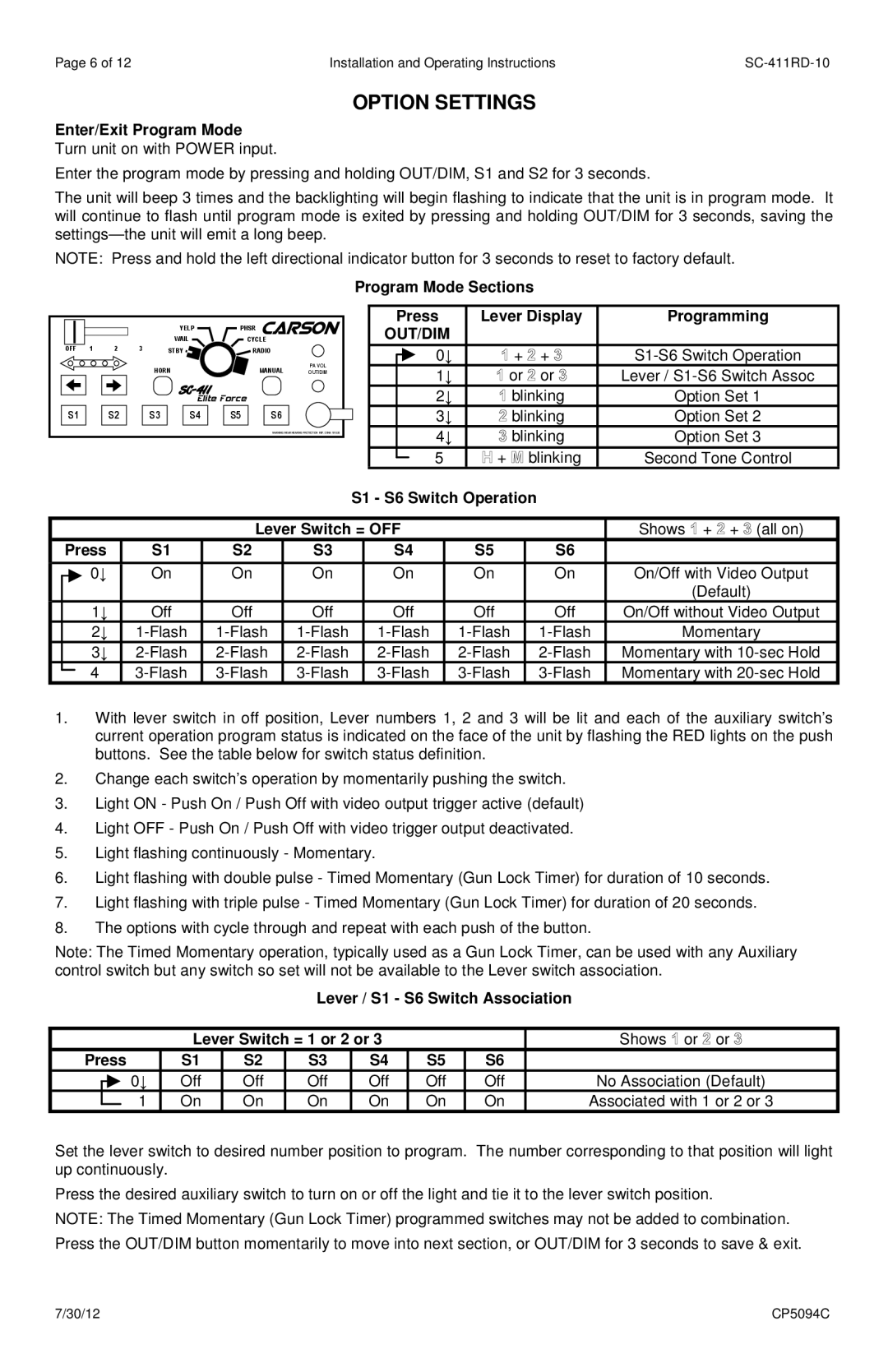 Carson SC-411-RD-1014 operating instructions Option Settings, Out/Dim 