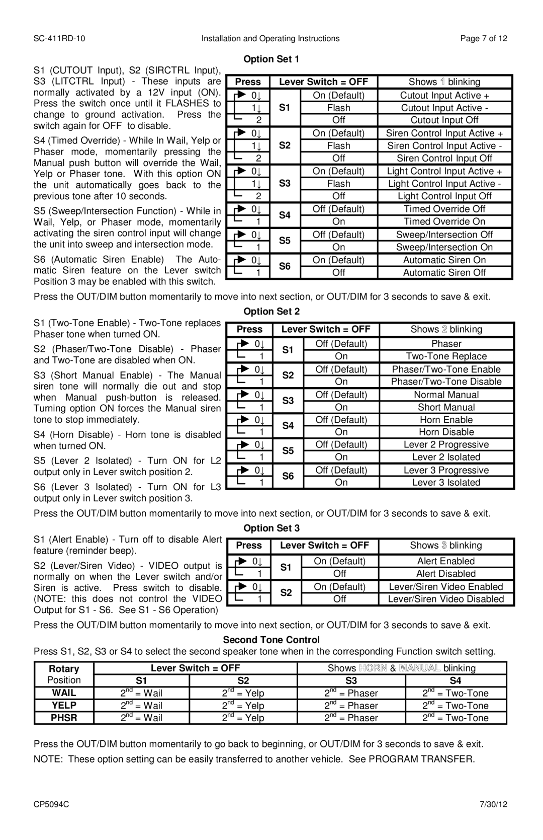 Carson SC-411-RD-1014 operating instructions Wail, Yelp, Phsr 