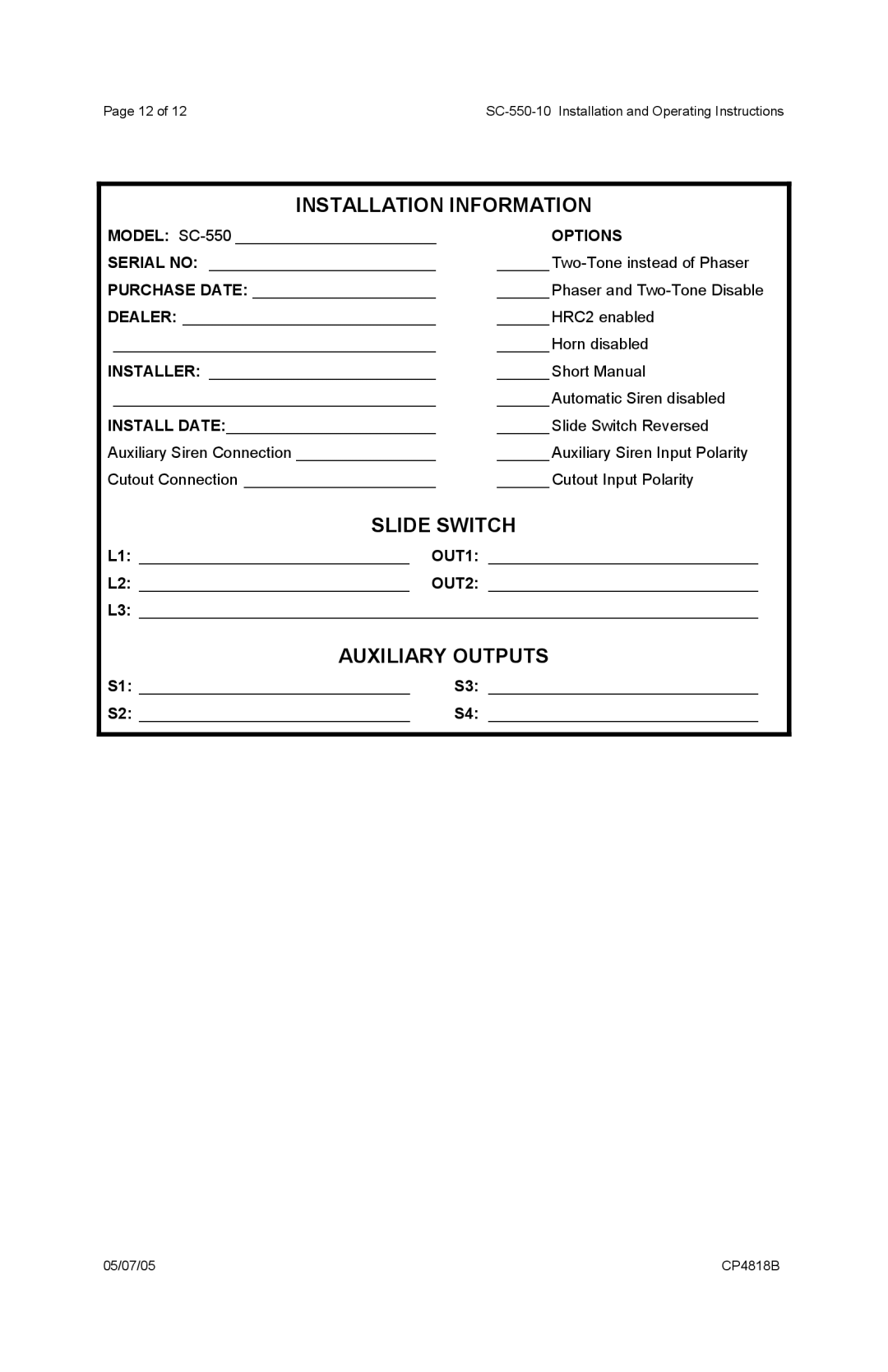 Carson SC-550-10 manual Installation Information, Slide Switch, Auxiliary Outputs, Options 