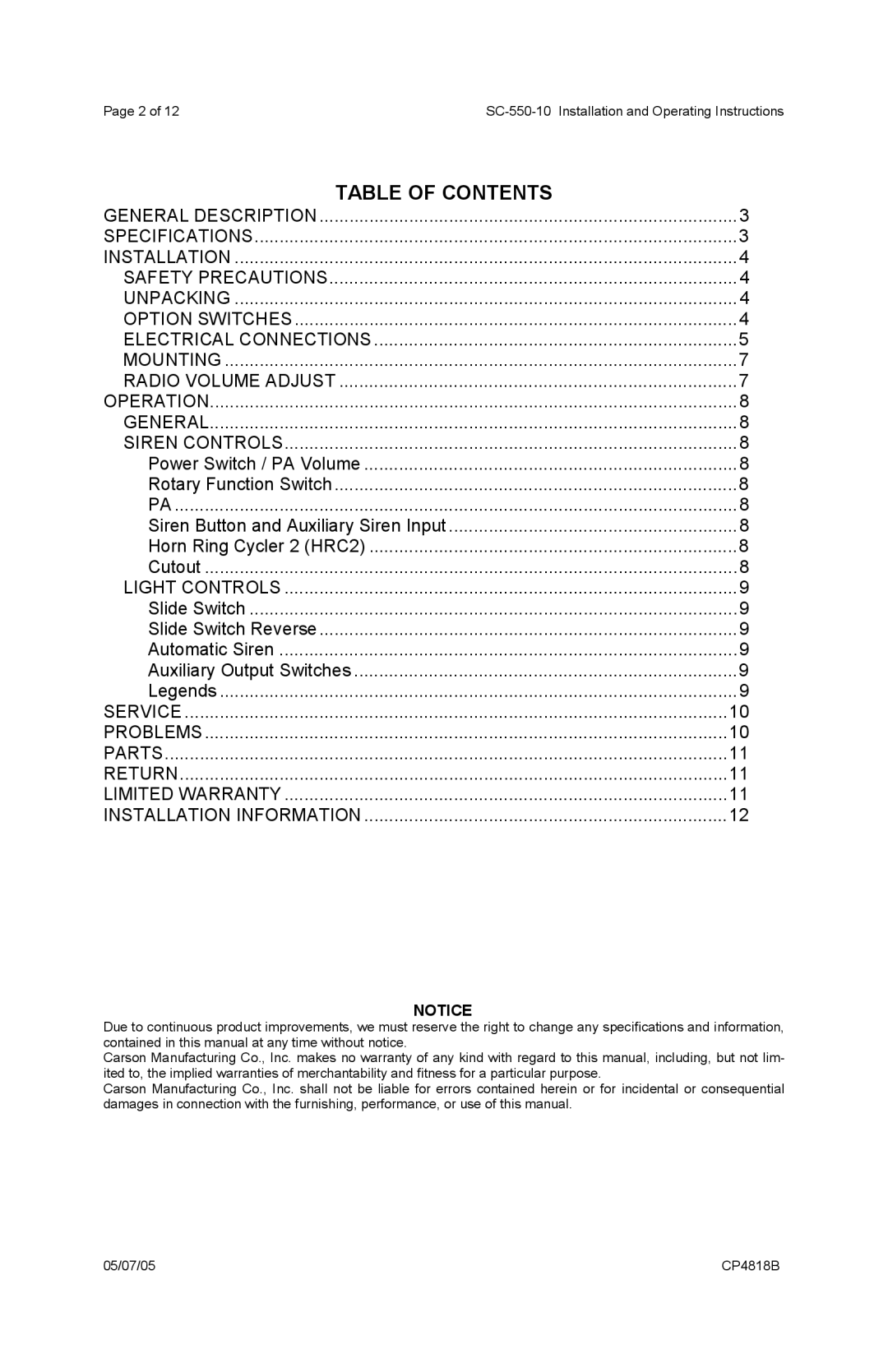 Carson SC-550-10 manual Table of Contents 