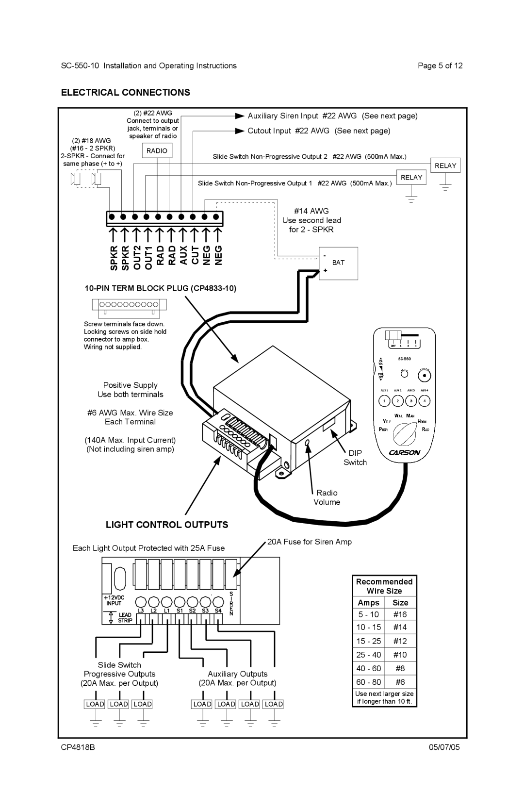 Carson SC-550-10 manual Electrical Connections, Light Control Outputs, Recommended Wire Size Amps Size 