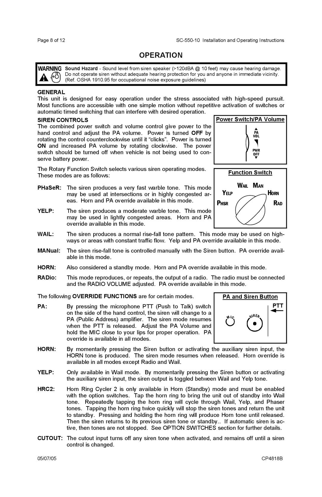 Carson SC-550-10 manual Operation, General, Siren Controls, Ptt 