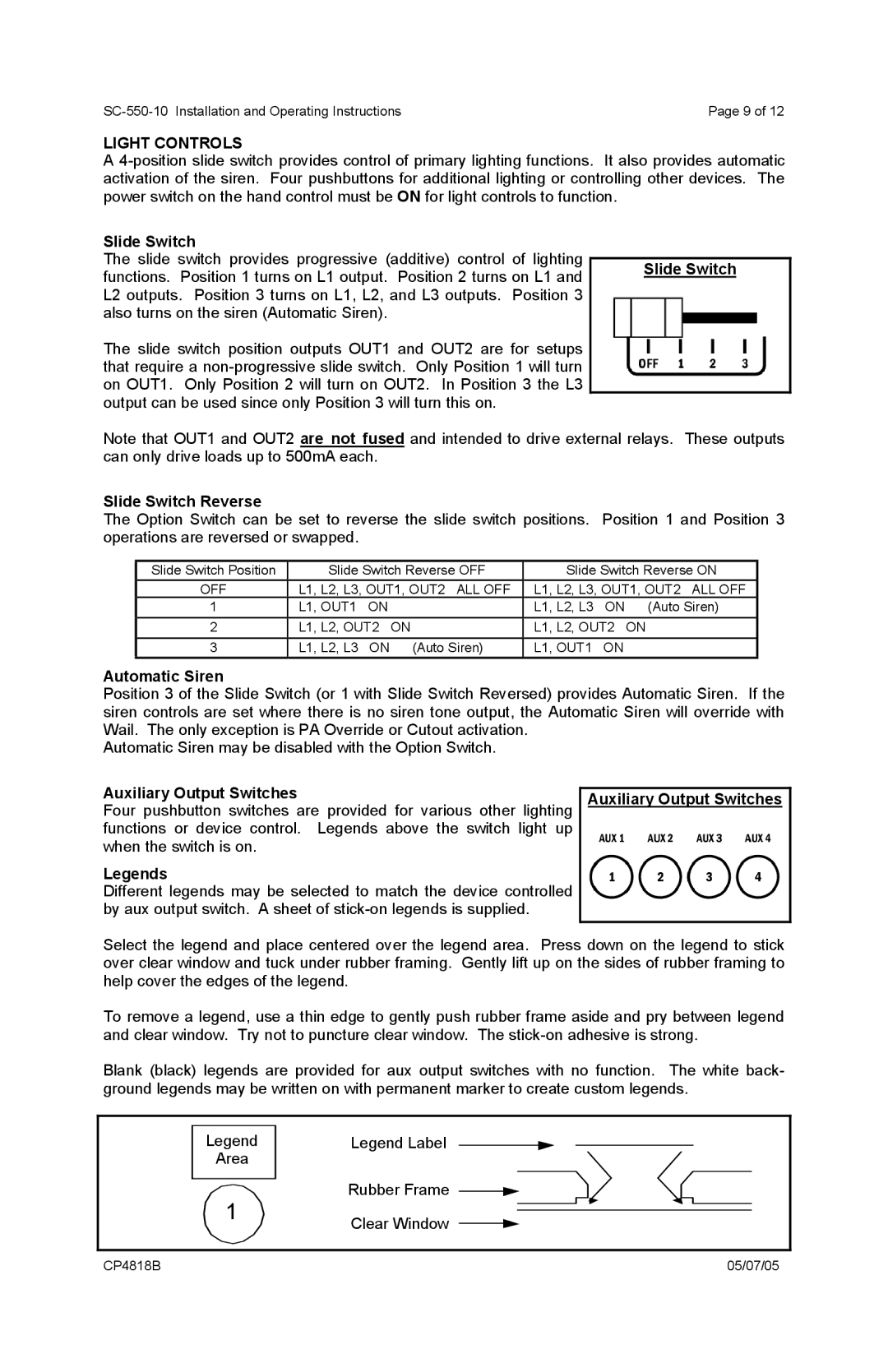 Carson SC-550-10 manual Light Controls, Slide Switch Slide Switch Reverse, Automatic Siren, Auxiliary Output Switches 