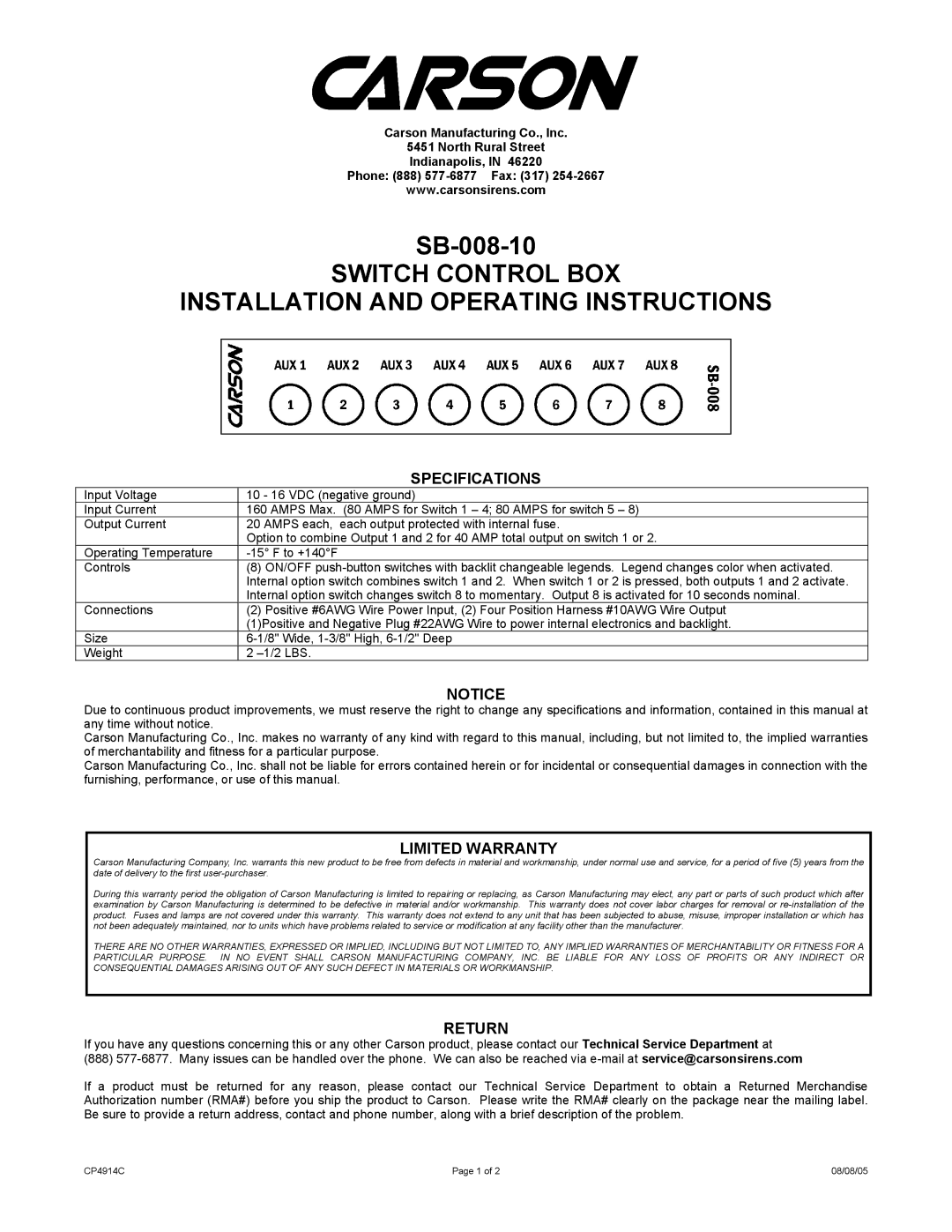 Carson SB-008-10, SWITCH CONTROL BOX specifications Specifications, Limited Warranty, Return 