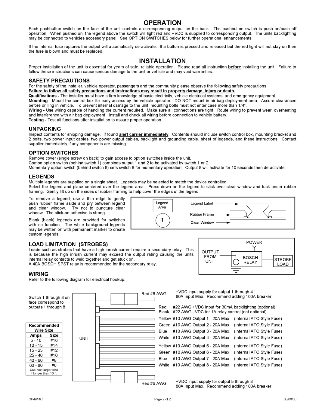 Carson SWITCH CONTROL BOX, SB-008-10 specifications Operation, Installation 