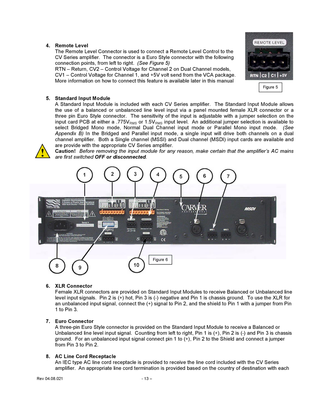 Carver CV Series user manual Remote Level, Standard Input Module, XLR Connector, Euro Connector, AC Line Cord Receptacle 