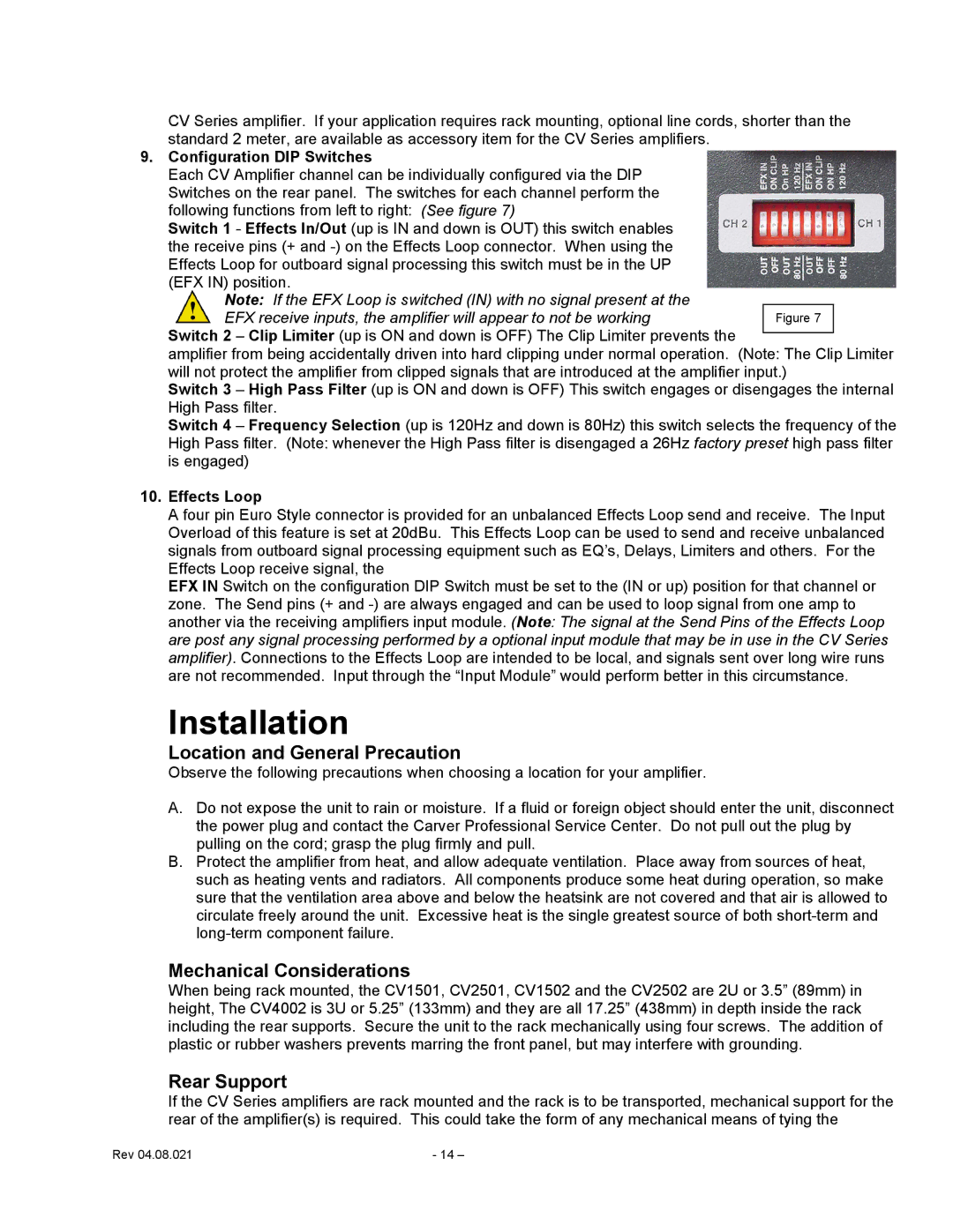 Carver CV Series Location and General Precaution, Mechanical Considerations, Rear Support, Configuration DIP Switches 