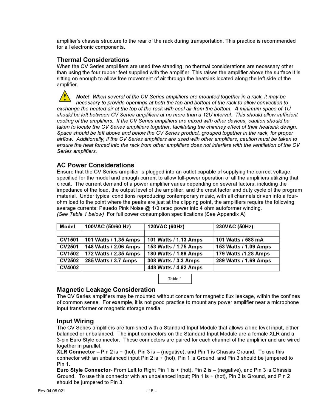 Carver CV Series user manual Thermal Considerations, AC Power Considerations, Magnetic Leakage Consideration, Input Wiring 