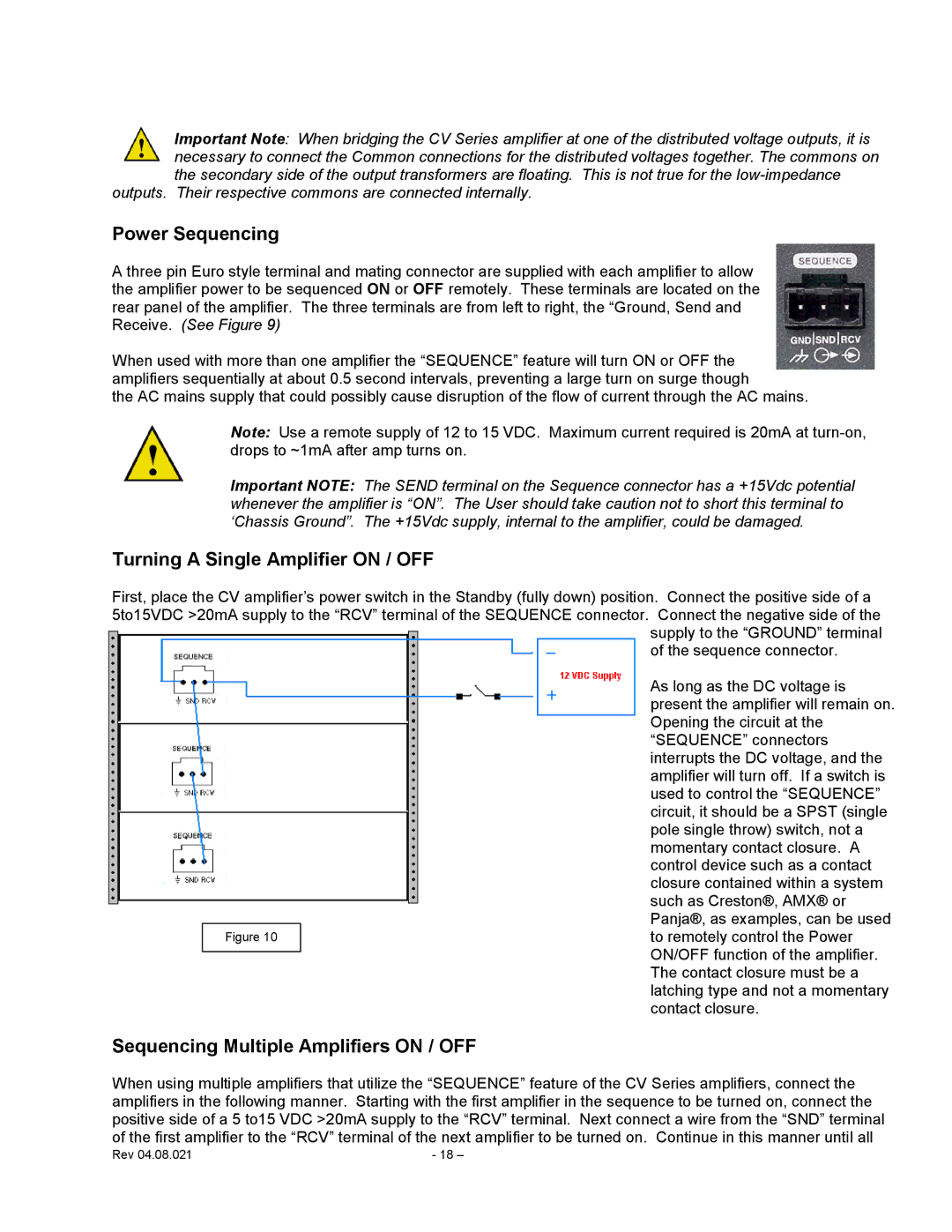 Carver CV Series user manual Power Sequencing, Turning a Single Amplifier on / OFF, Sequencing Multiple Amplifiers on / OFF 