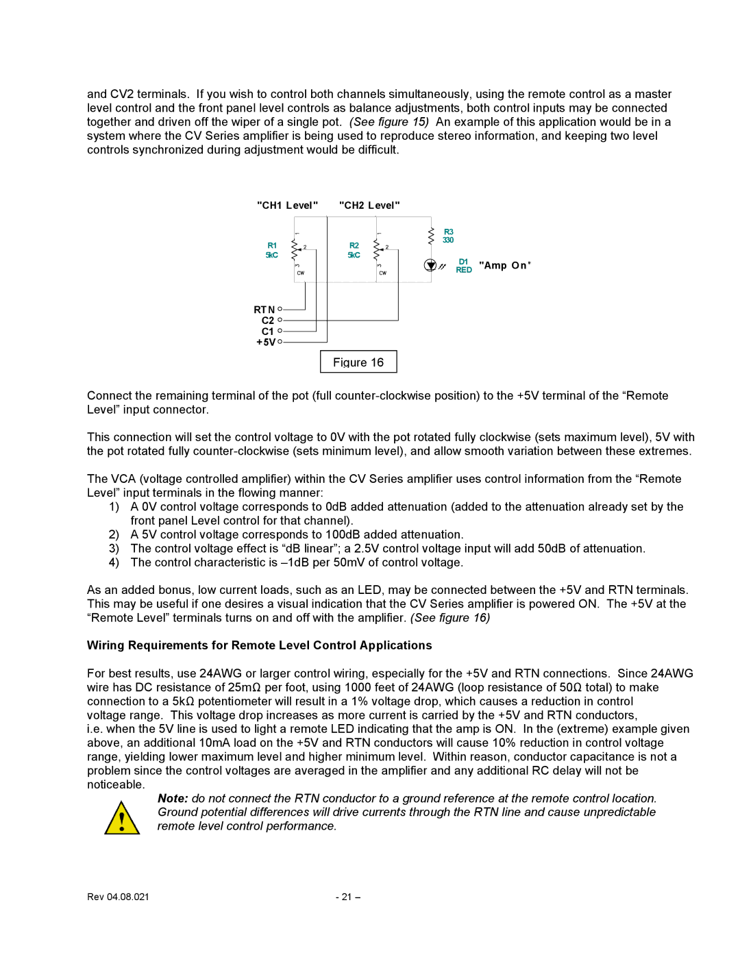 Carver CV Series user manual Wiring Requirements for Remote Level Control Applications 