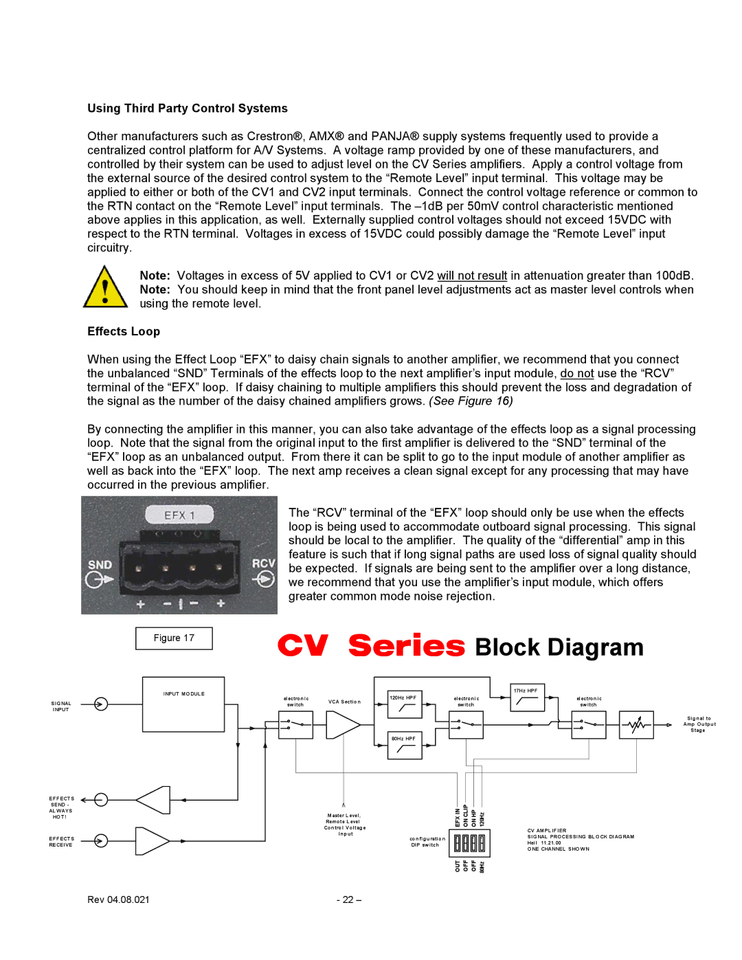 Carver user manual CV Series Block Diagram, Using Third Party Control Systems 