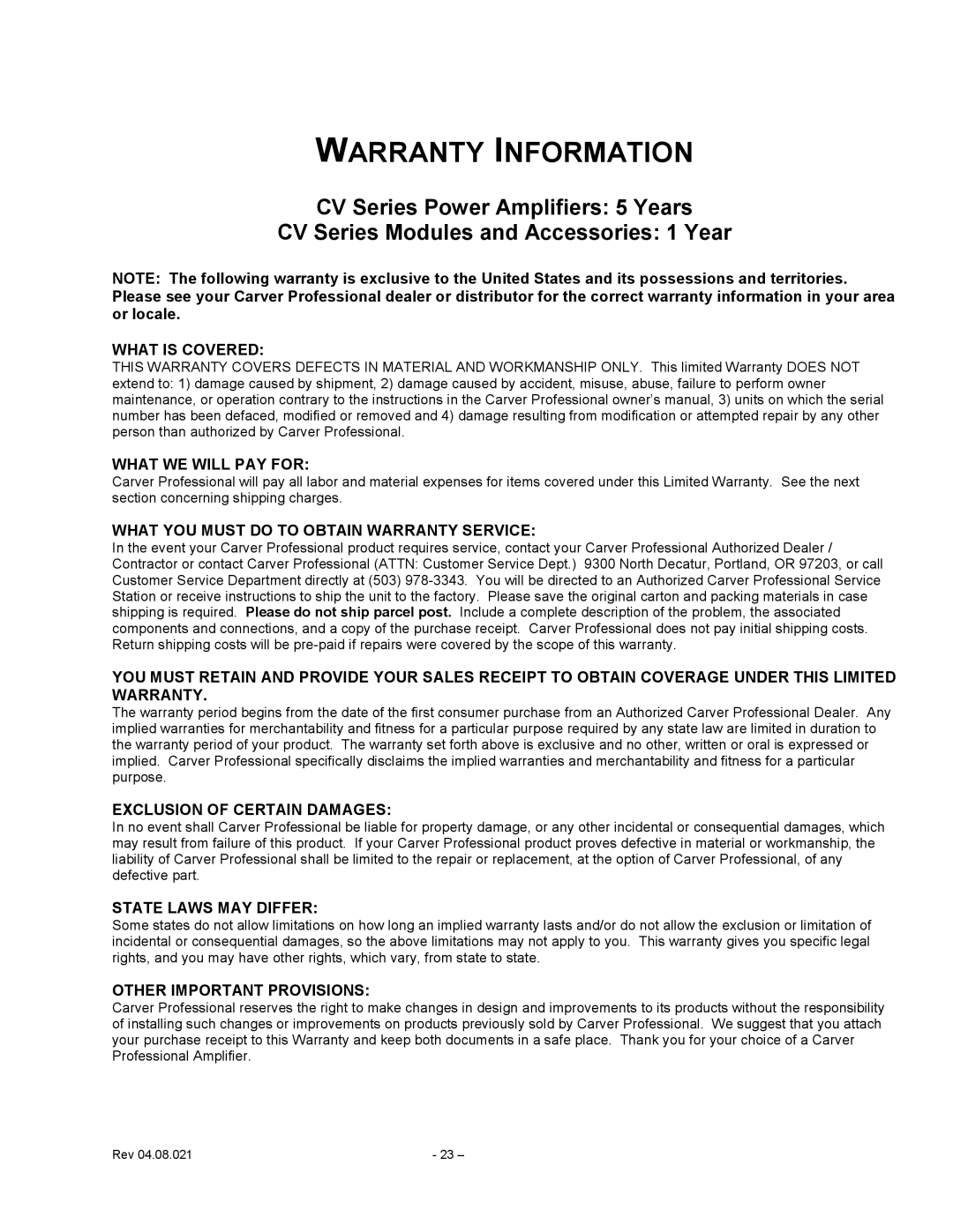 Carver CV Series user manual Warranty Information 